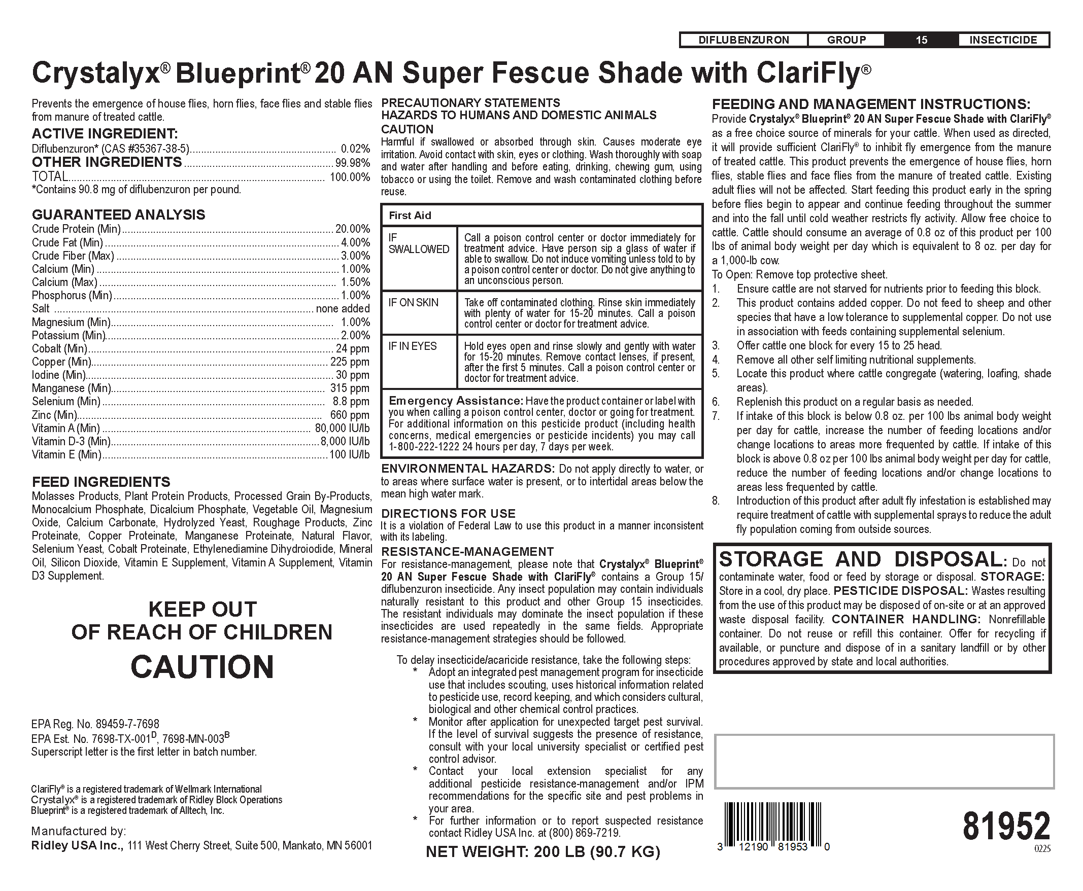 CRYSTALYX BLUEPRINT 20 SUPER FESCUE W/ CLARIFLY, SHADE, AND GARLIC 200#
