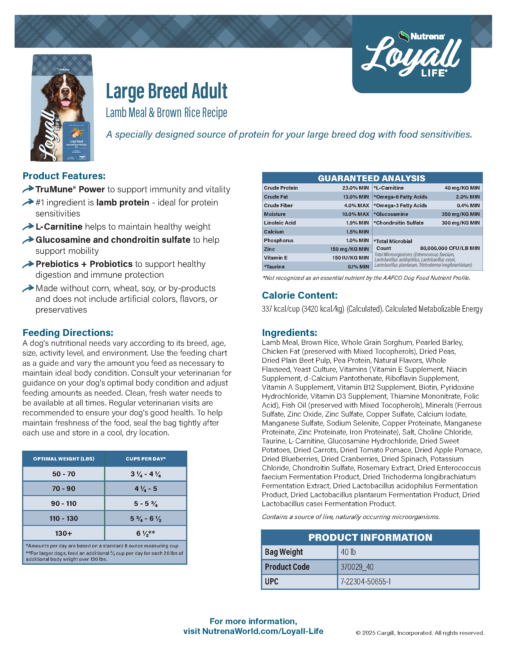 LOYALL LIFE LARGE BREED ADULT LAMB MEAL & BROWN RICE 40#