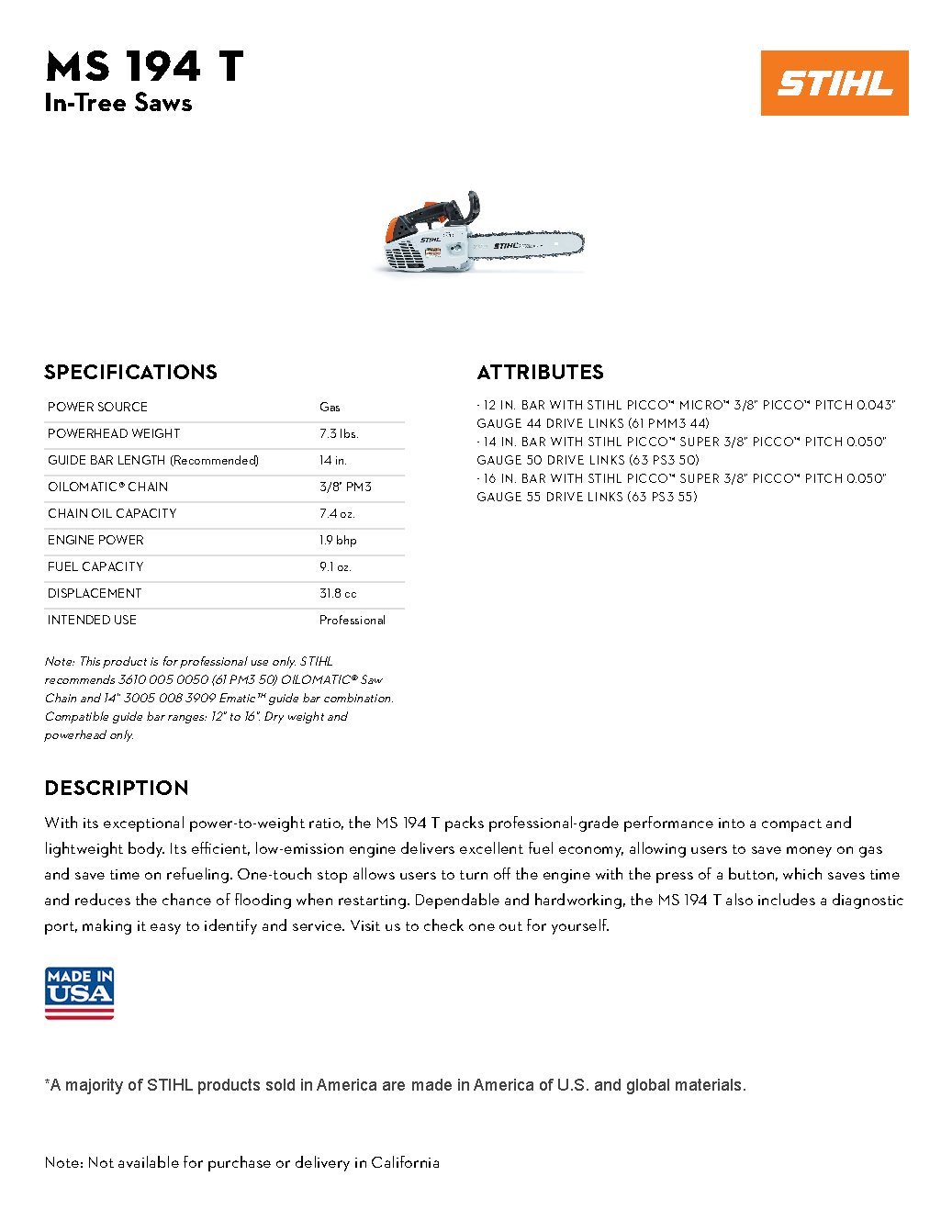 STIHL 14\" MS 194T CHAINSAW