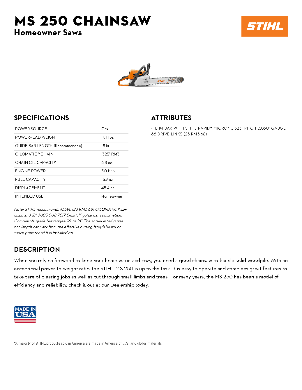 STIHL 18\" MS 250 CHAINSAW