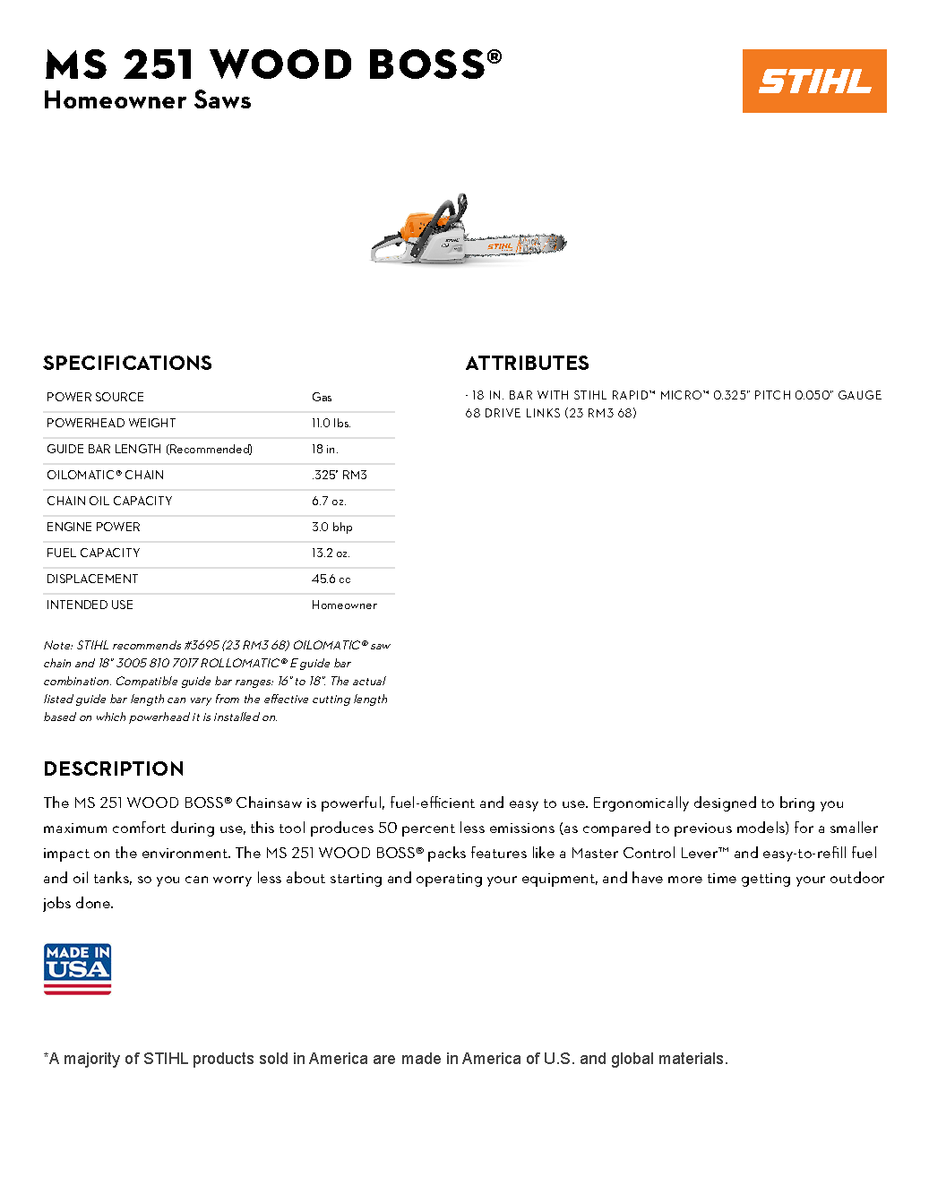 STIHL 18\" MS 251 CHAINSAW