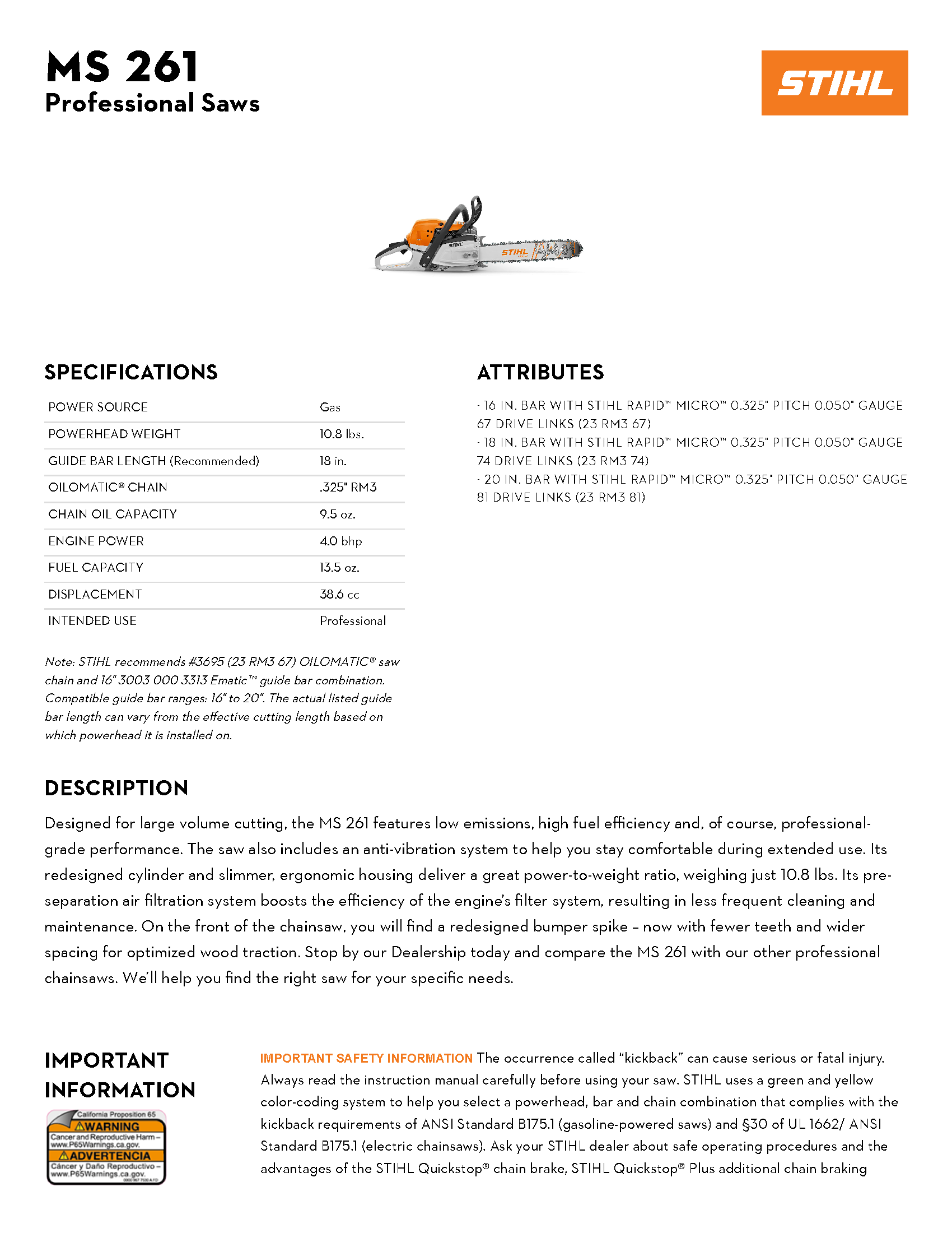 STIHL 18\" MS 261 CHAINSAW
