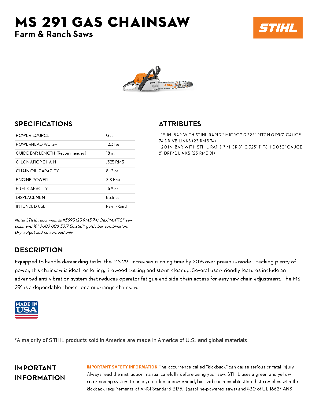 STIHL 20\" MS 291 CHAINSAW