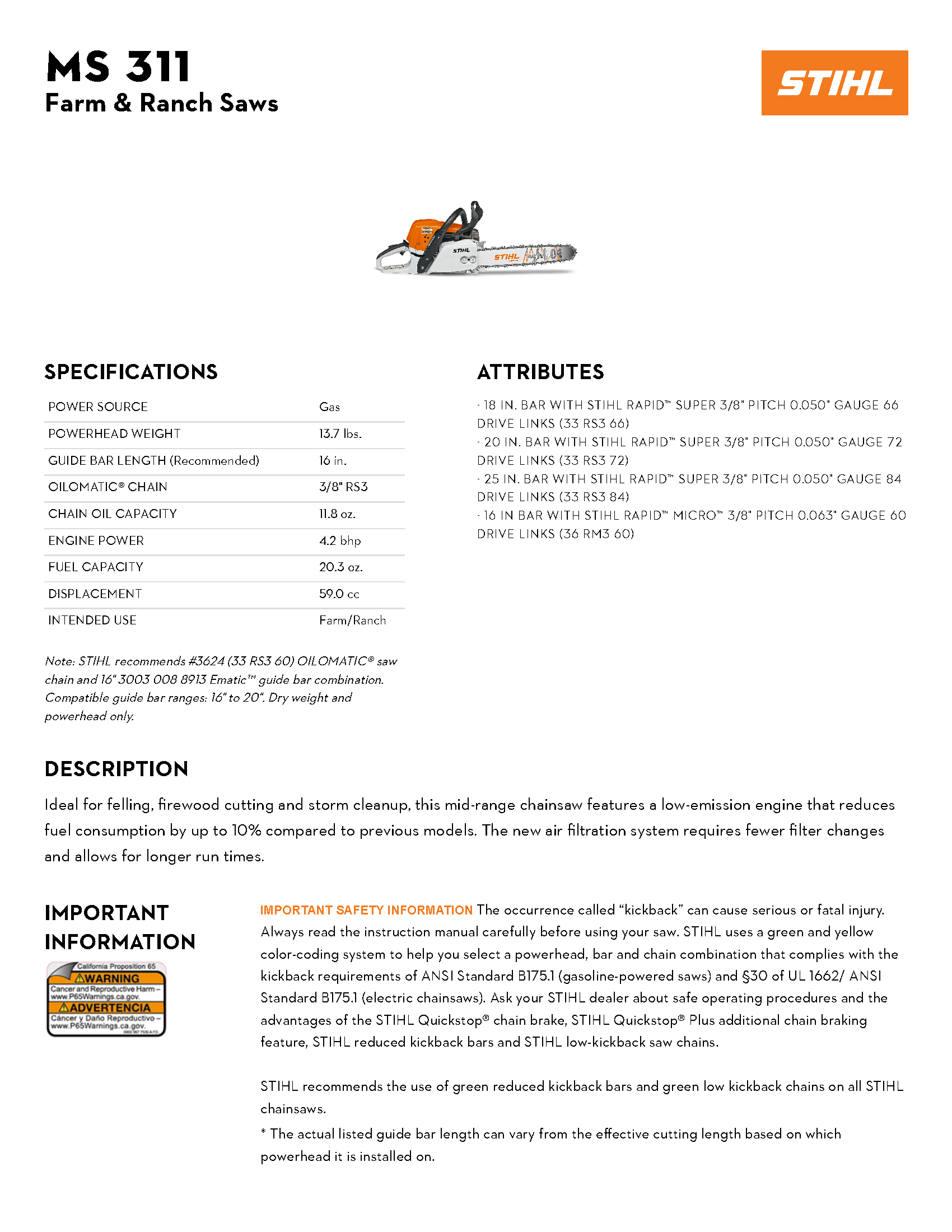 STIHL 20\" MS 311 CHAINSAW