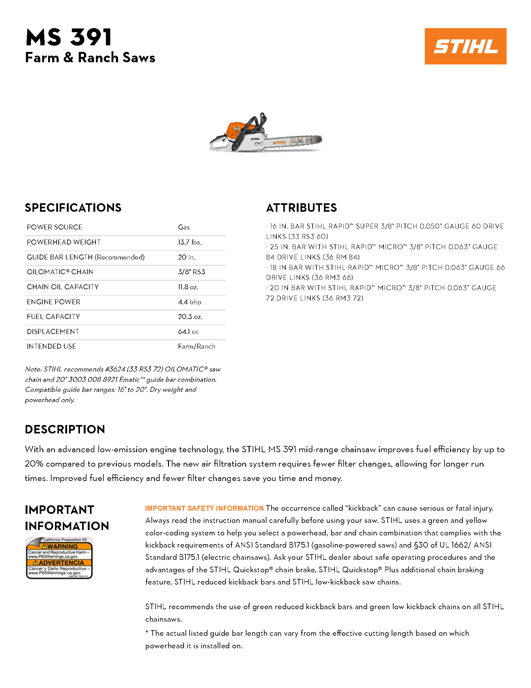STIHL 20\" MS 391 CHAINSAW
