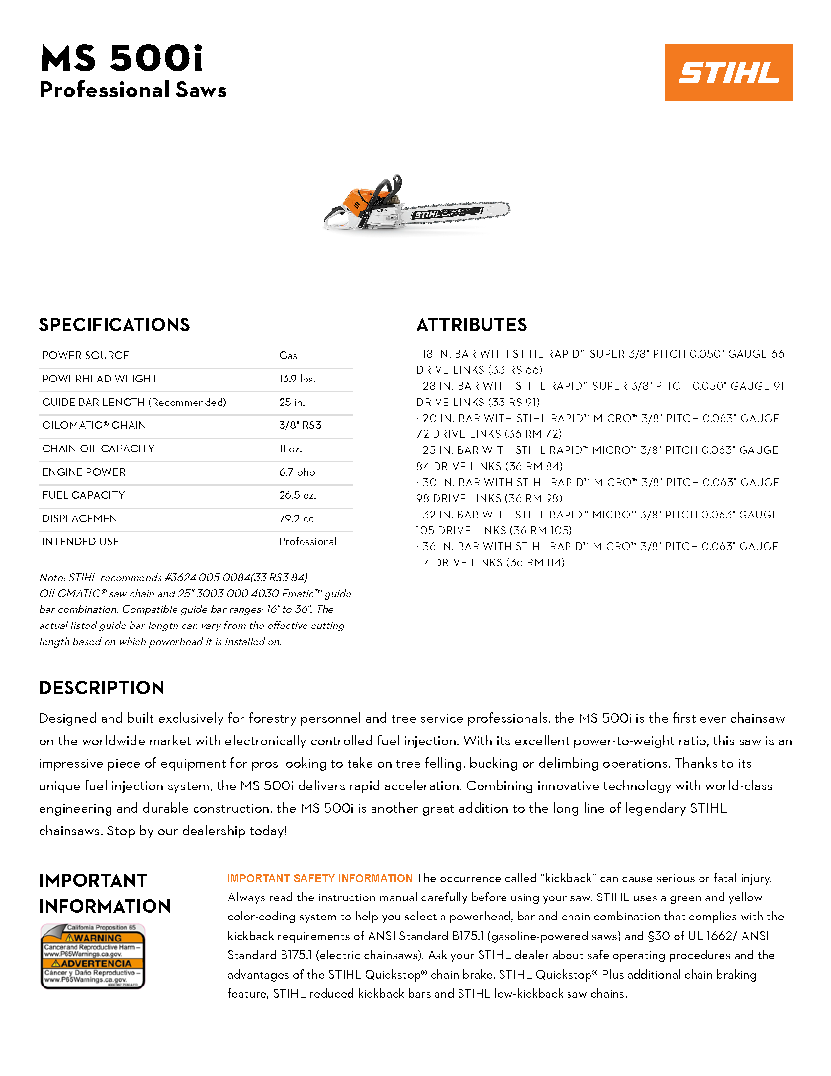 STIHL 20\" MS 500I CHAINSAW