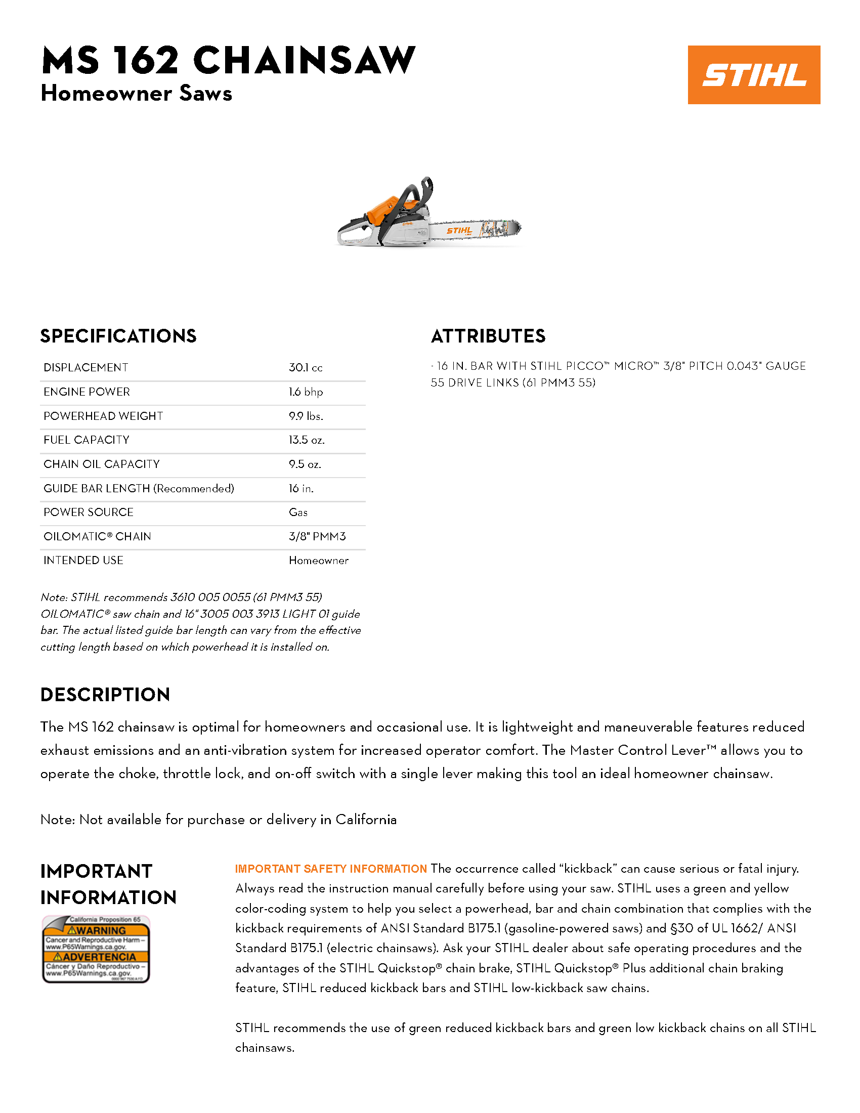 STIHL 16\" MS 162 CHAINSAW