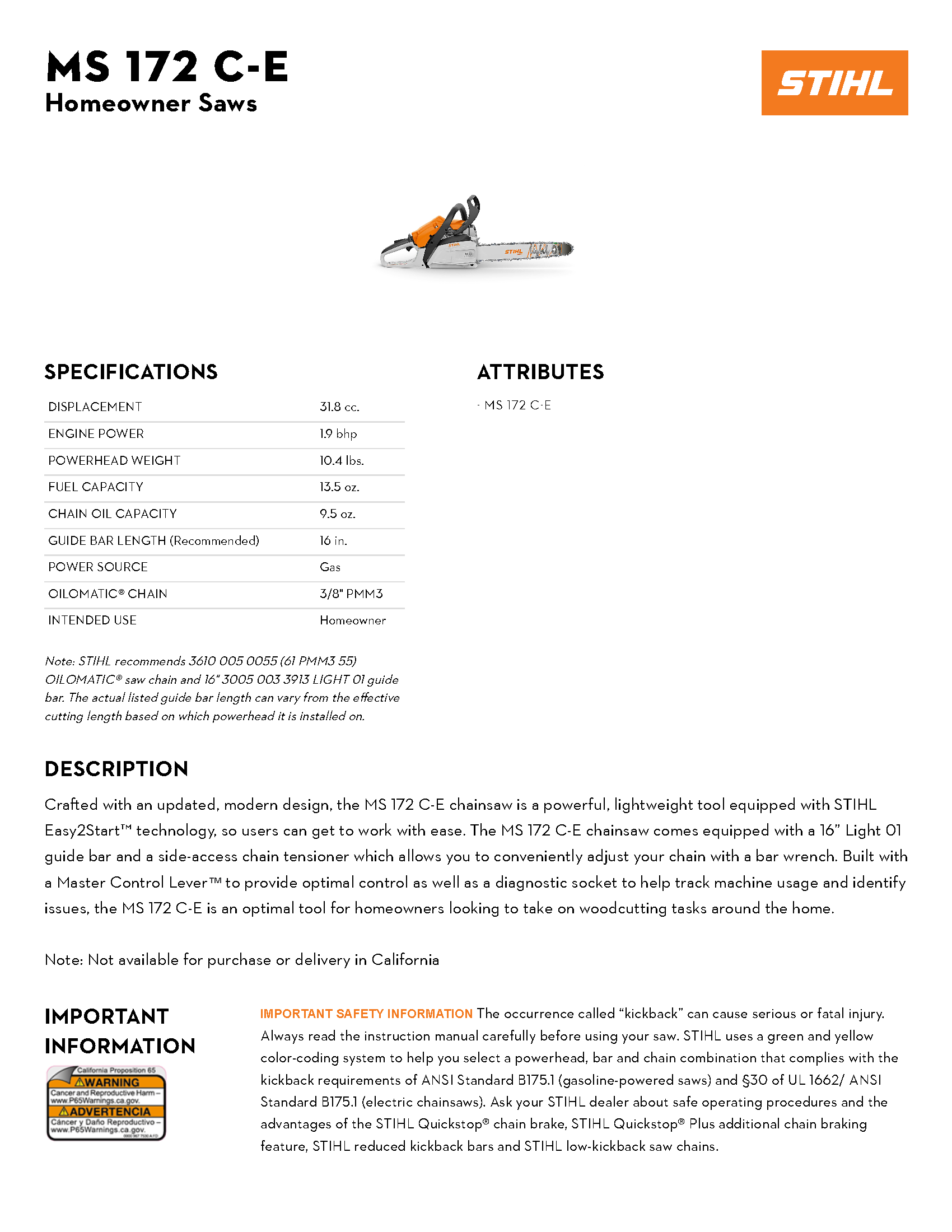 STIHL 16\" MS 172 C-E CHAINSAW