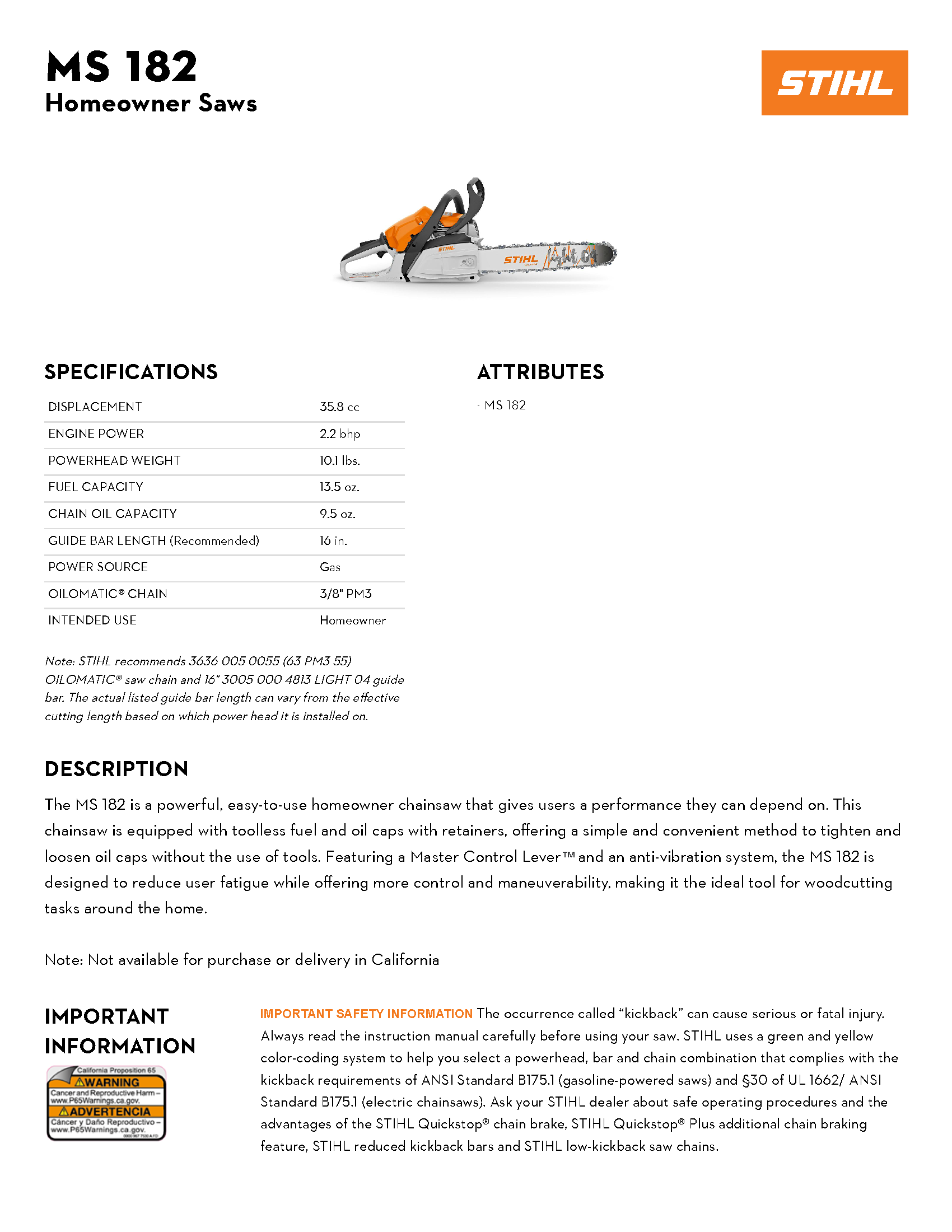 STIHL 16\" MS 182 CHAINSAW