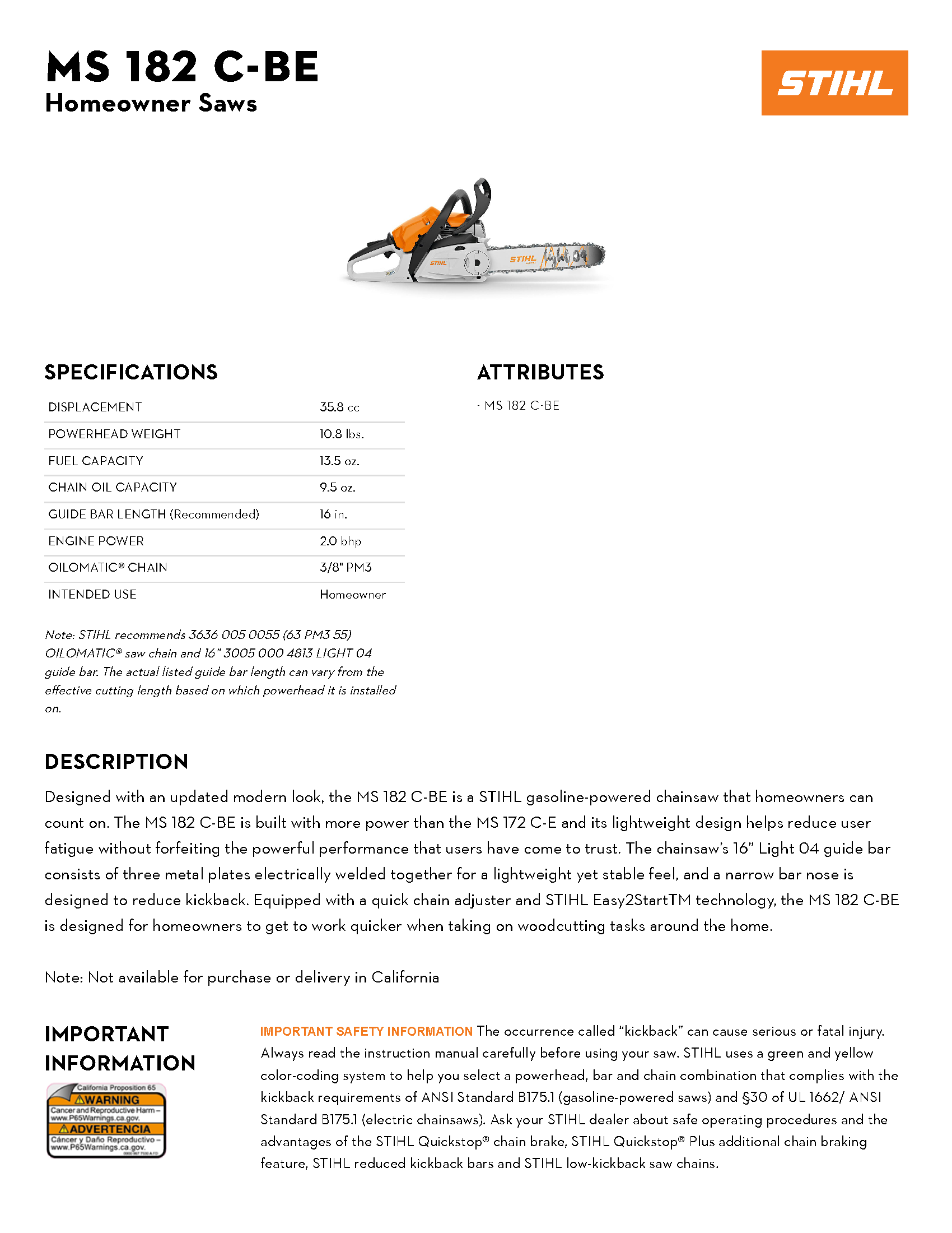 STIHL 16\" MS 182 C-BE EZ CHAINSAW