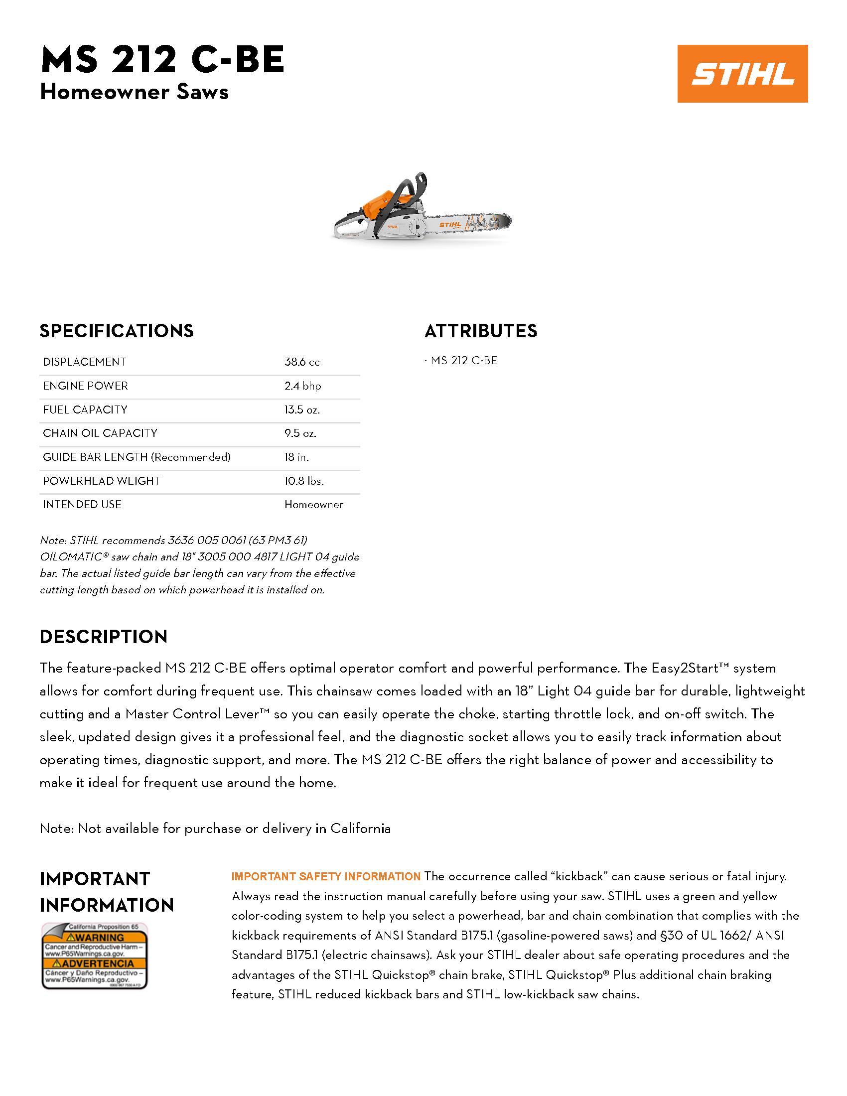 STIHL 18\" MS 212 EZ CHAINSAW