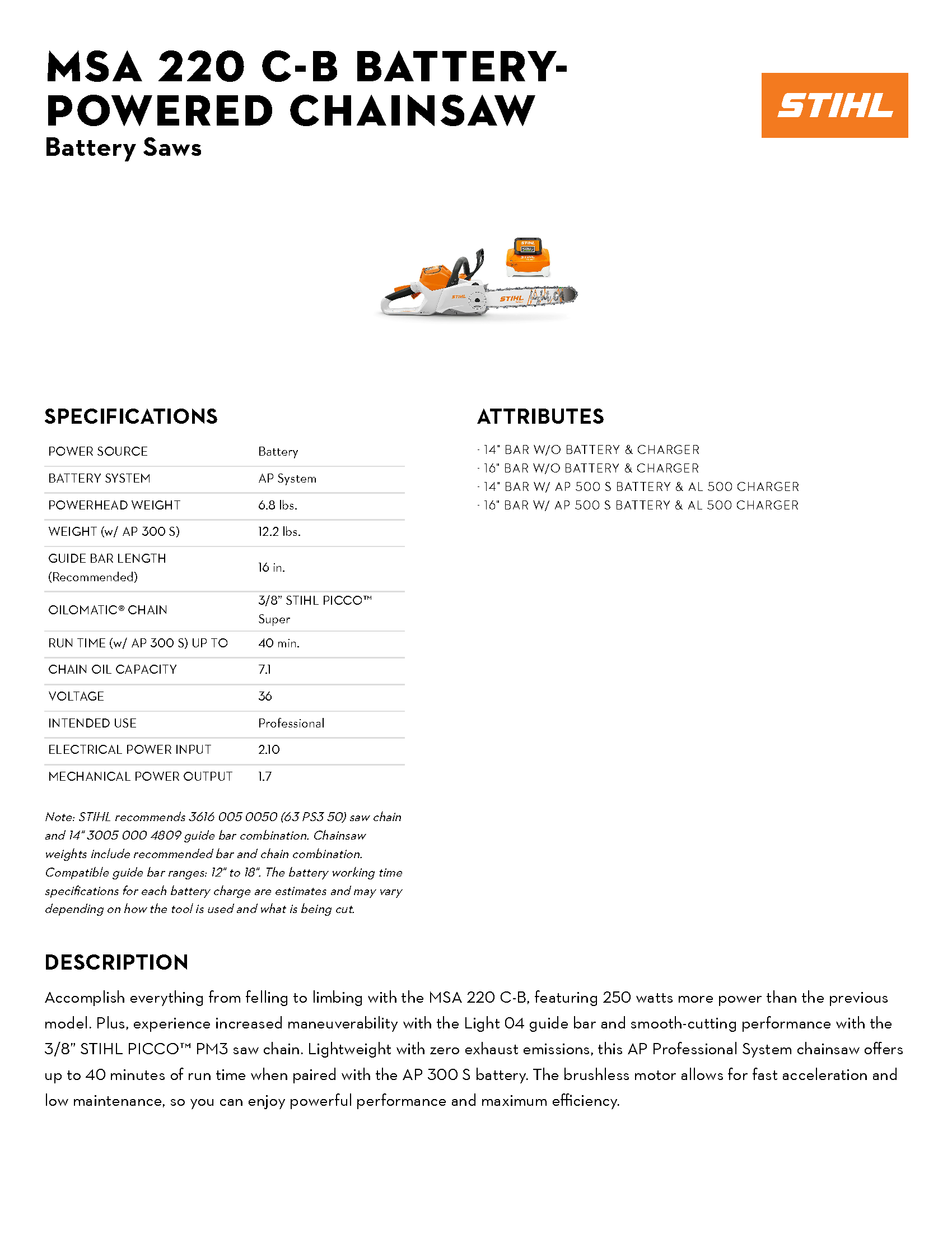 STIHL 16\" MSA 220 LITH-ION CHAINSAW SET