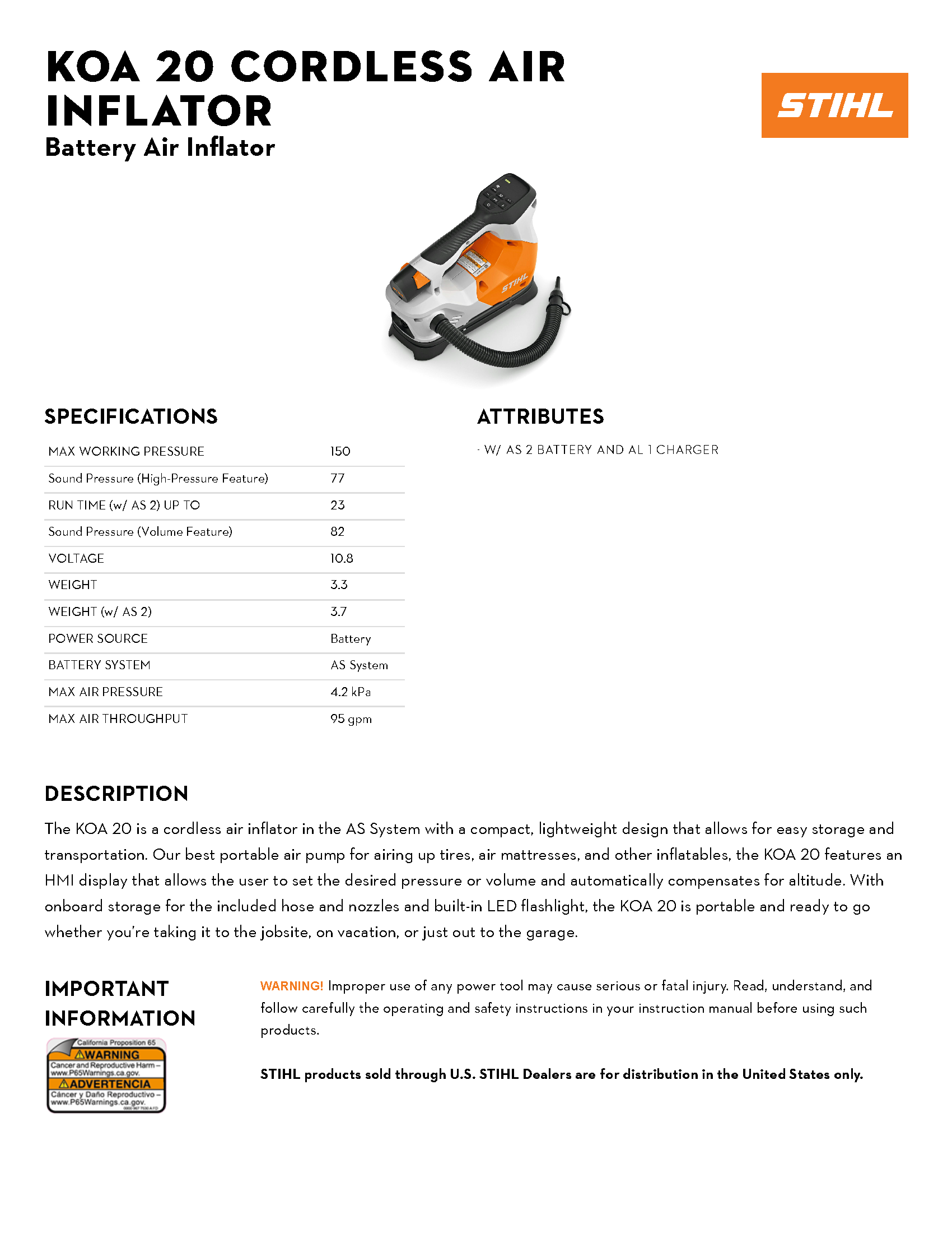 STIHL LITH-ION KOA 20 CORDLESS AIR INFLATOR