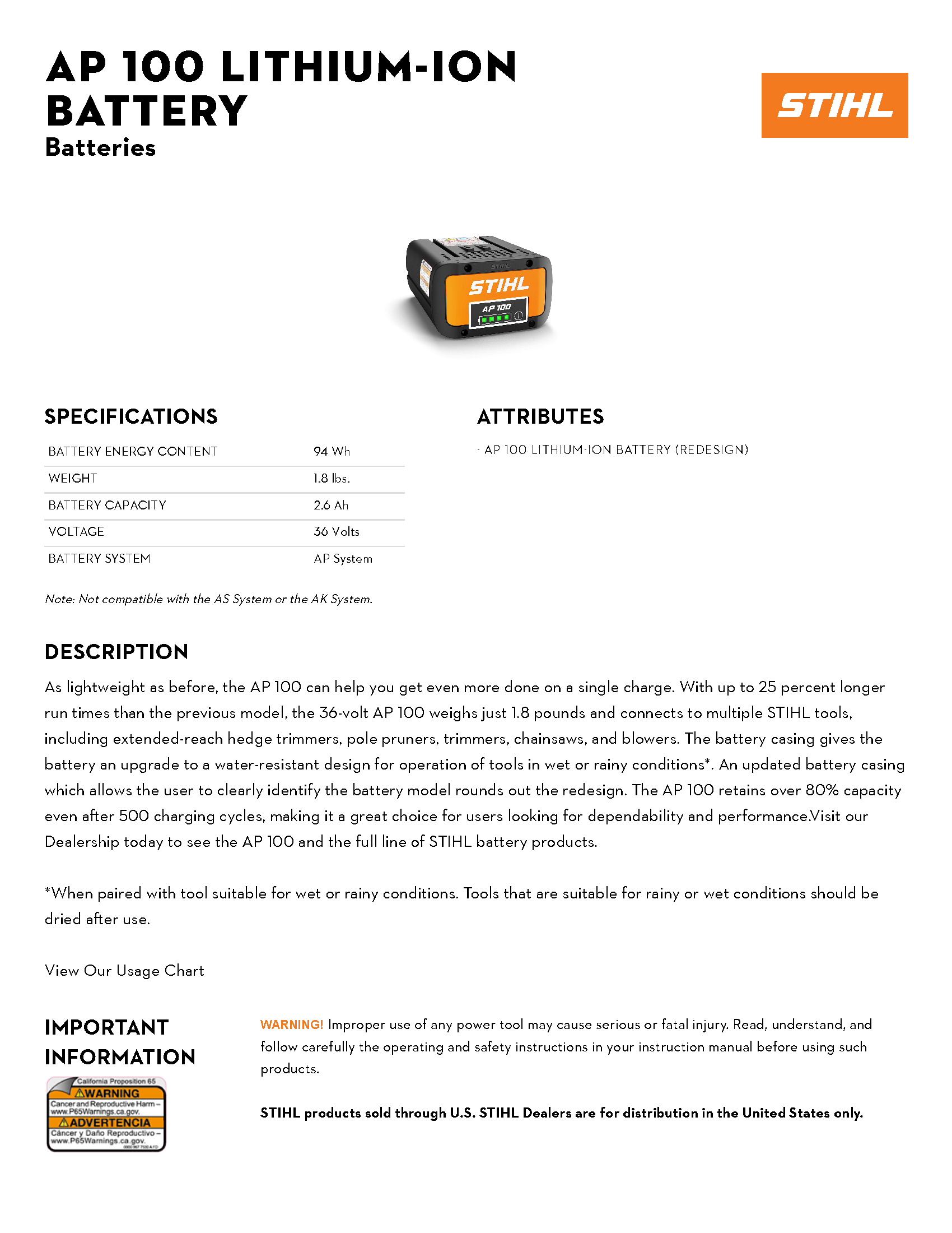 STIHL AP100 LITH-ION BATTERY