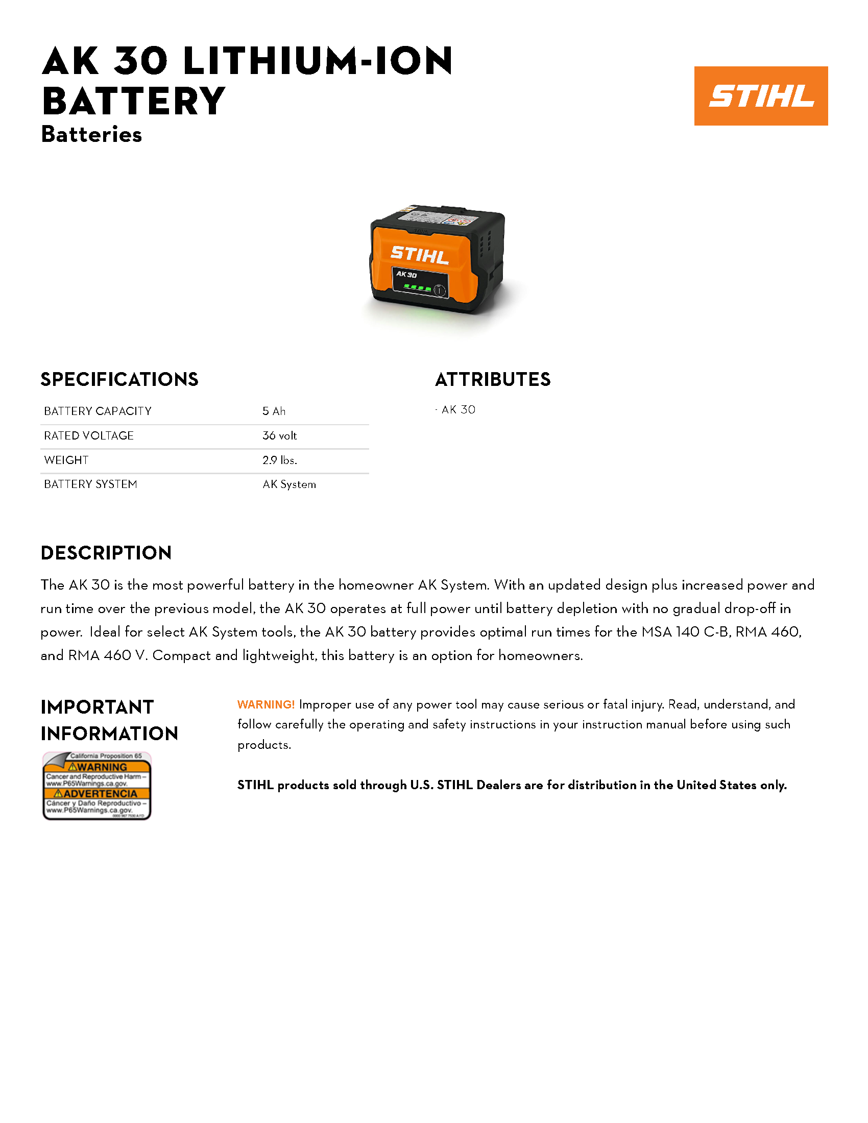 STIHL AK30 LITH-ION BATTERY 36V