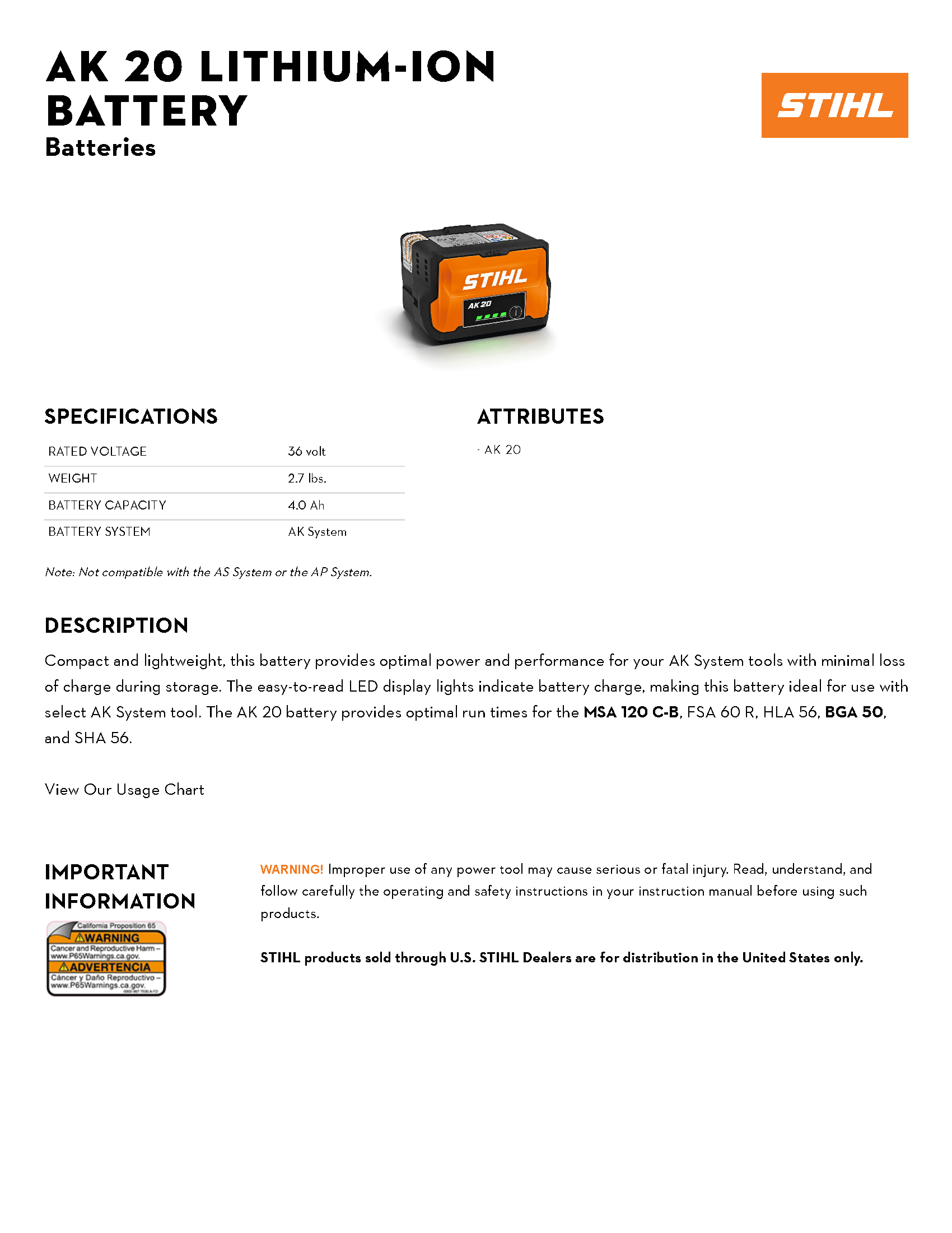 STIHL AK20 LITH-ION BATTERY 36V