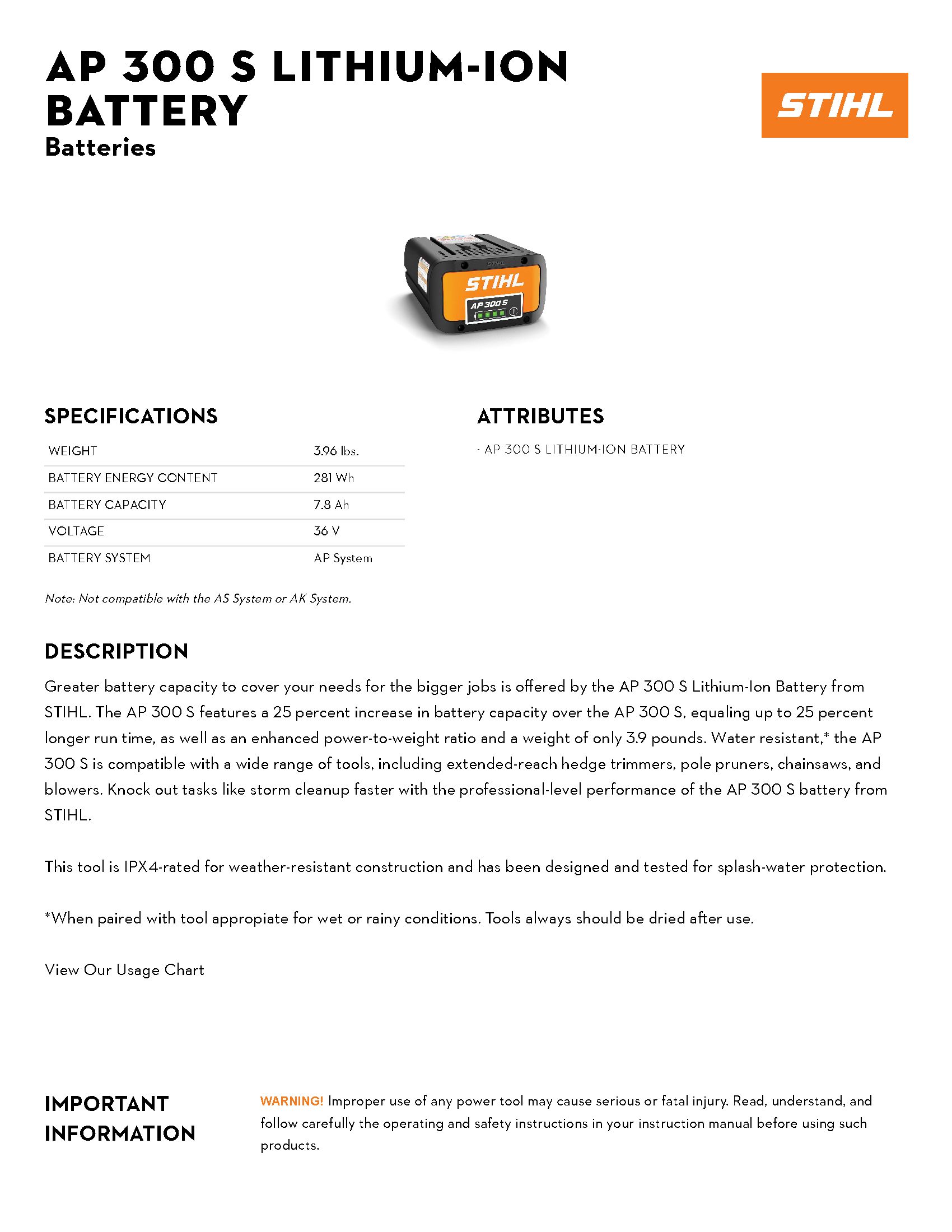 STIHL AP300S LITH-ION BATTERY