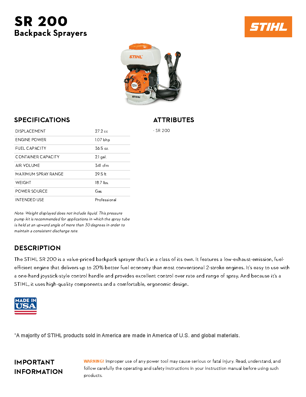 STIHL SR 200 BACKPACK SPRAYER