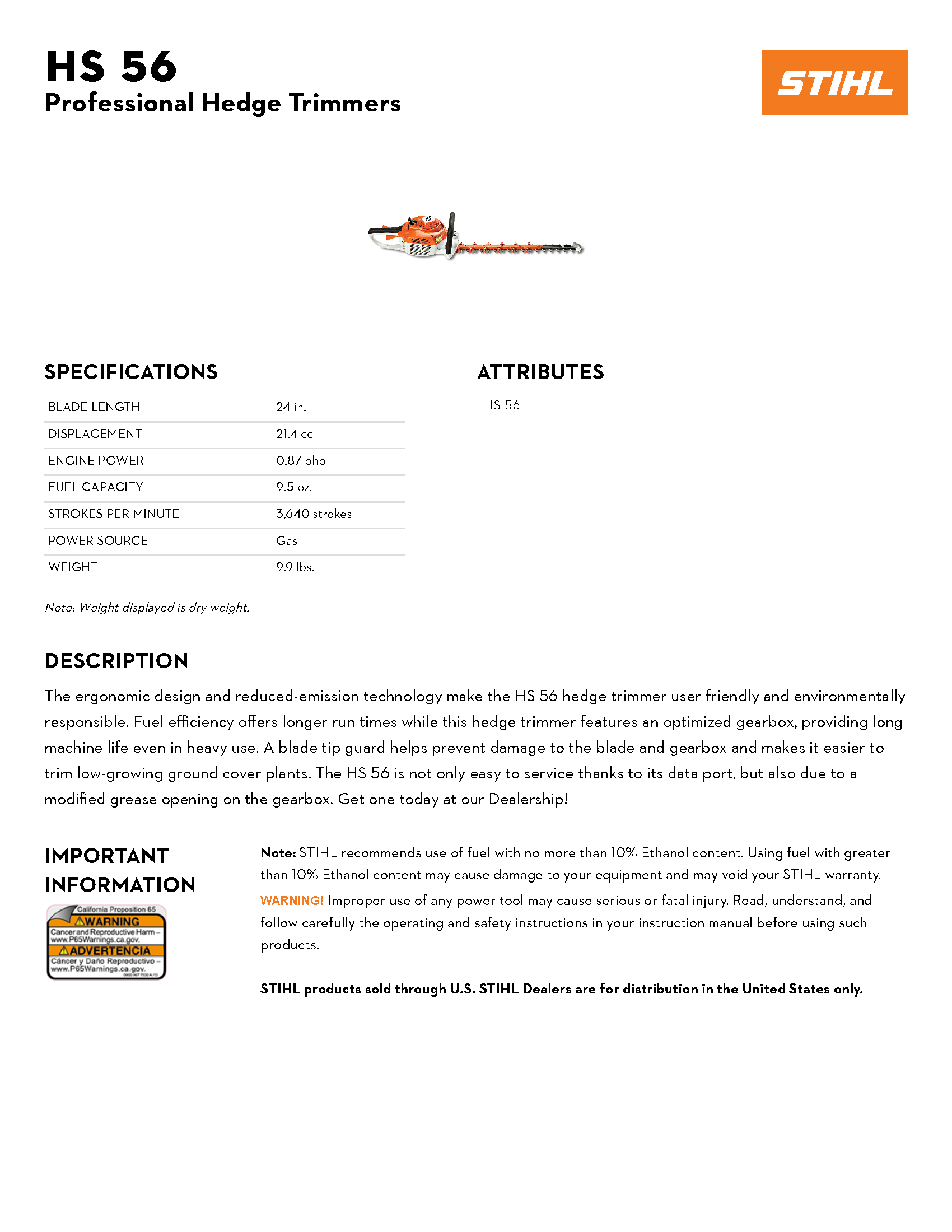 STIHL HS 56 HEDGE TRIMMER