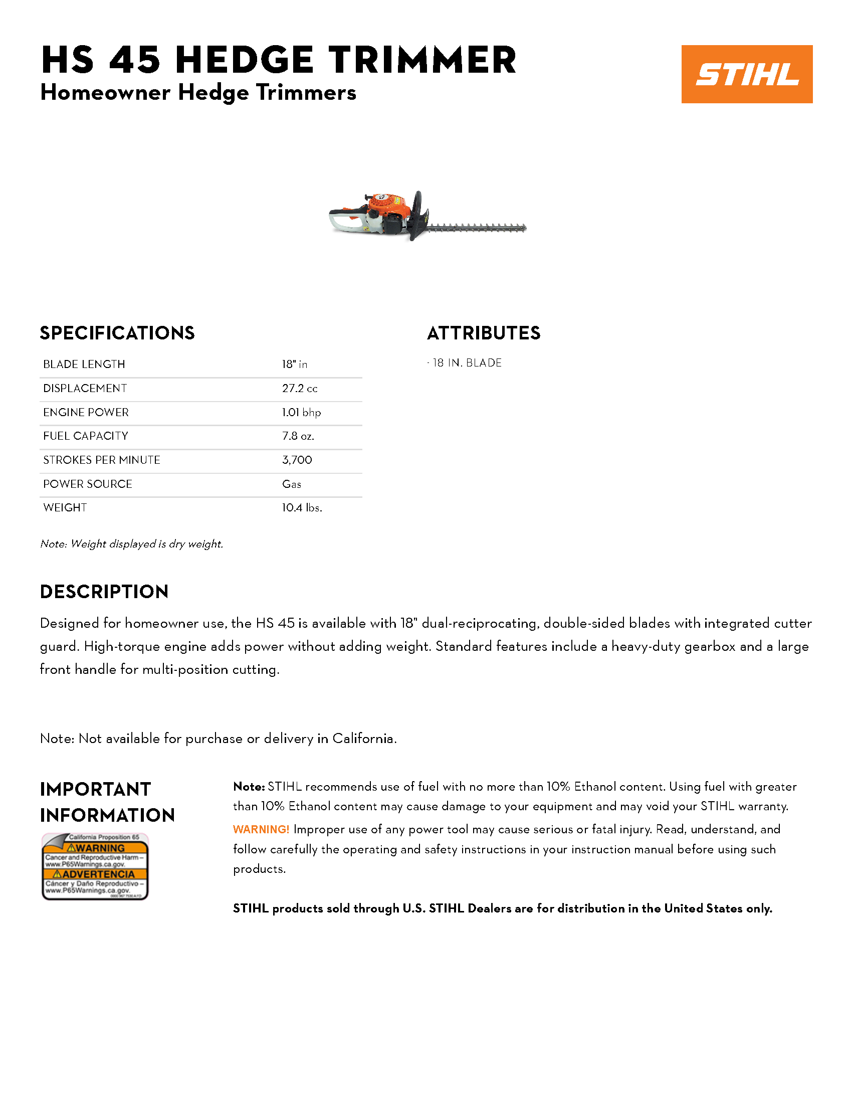STIHL HS 45 18\" HEDGE TRIMMER