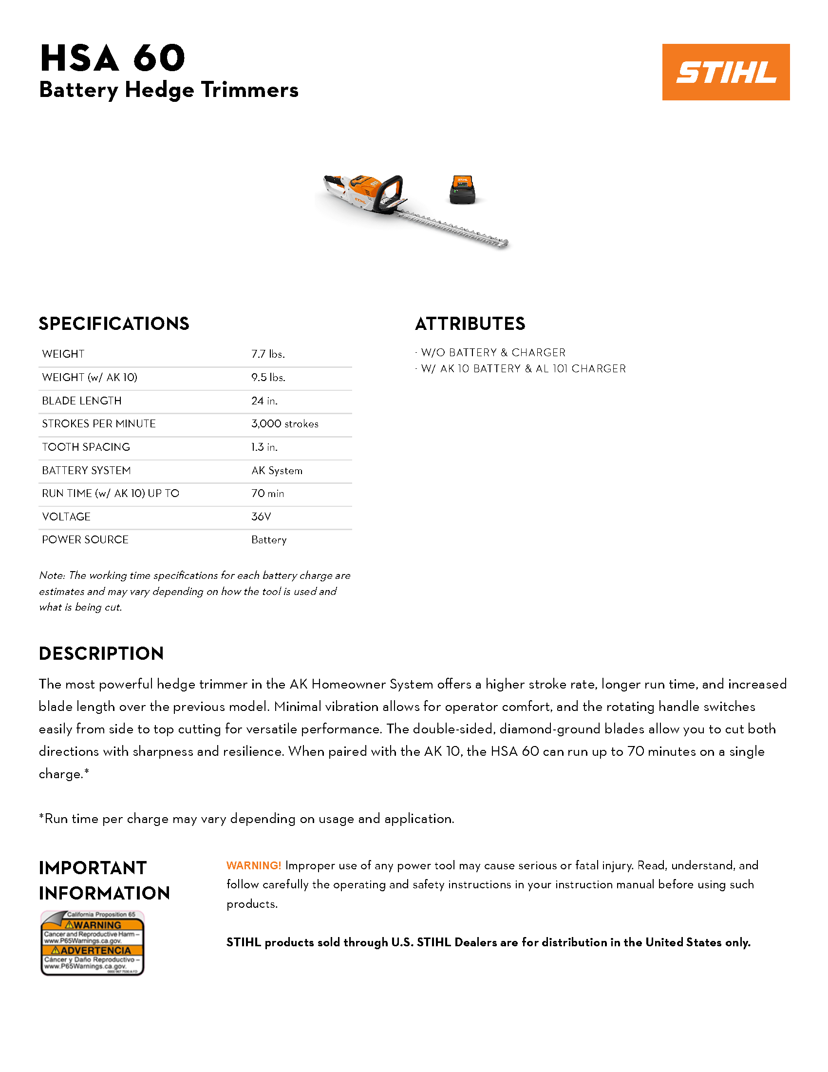 STIHL HSA 60 LITH-ION HEDGE TRIMMER