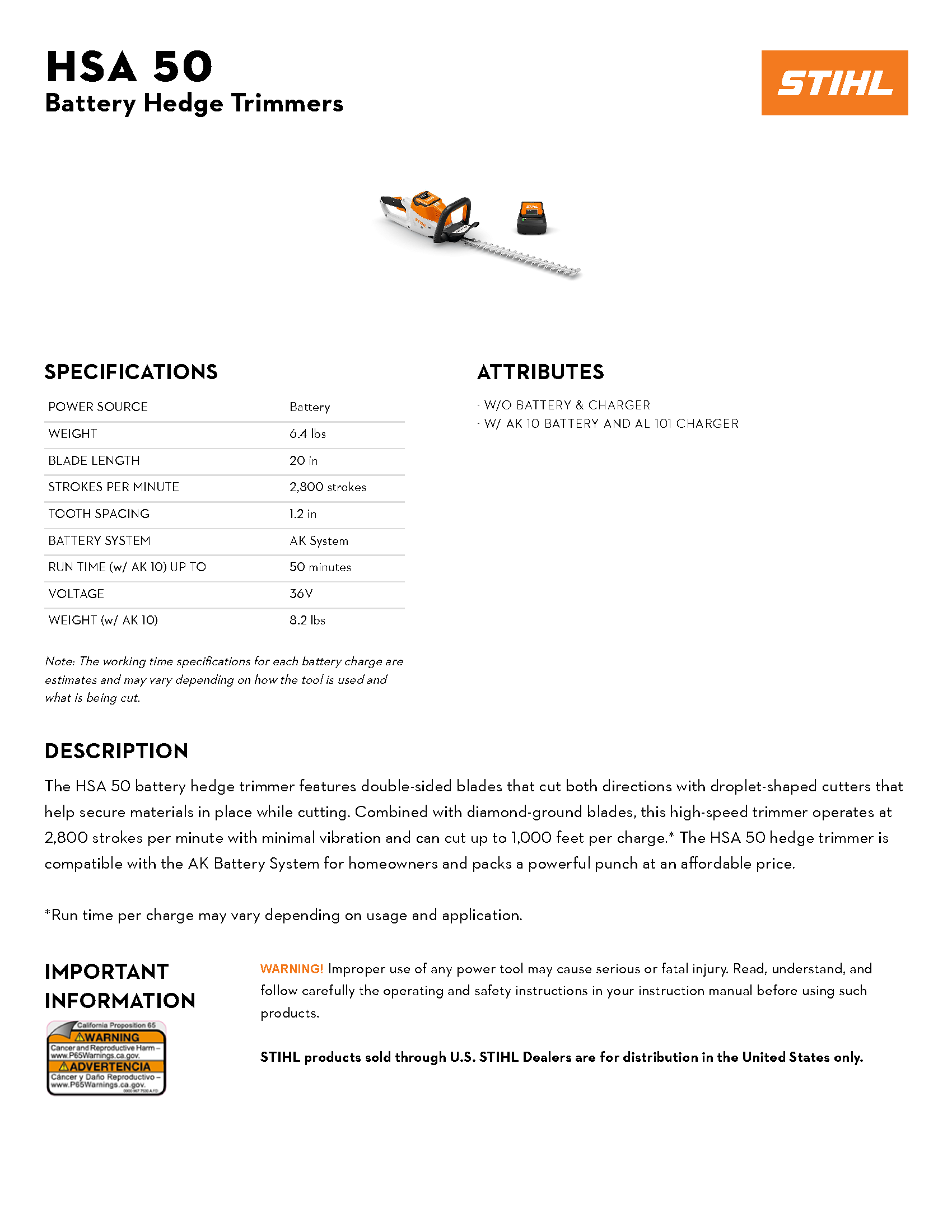 STIHL HSA 50 LITH-ION HEDGE TRIMMER