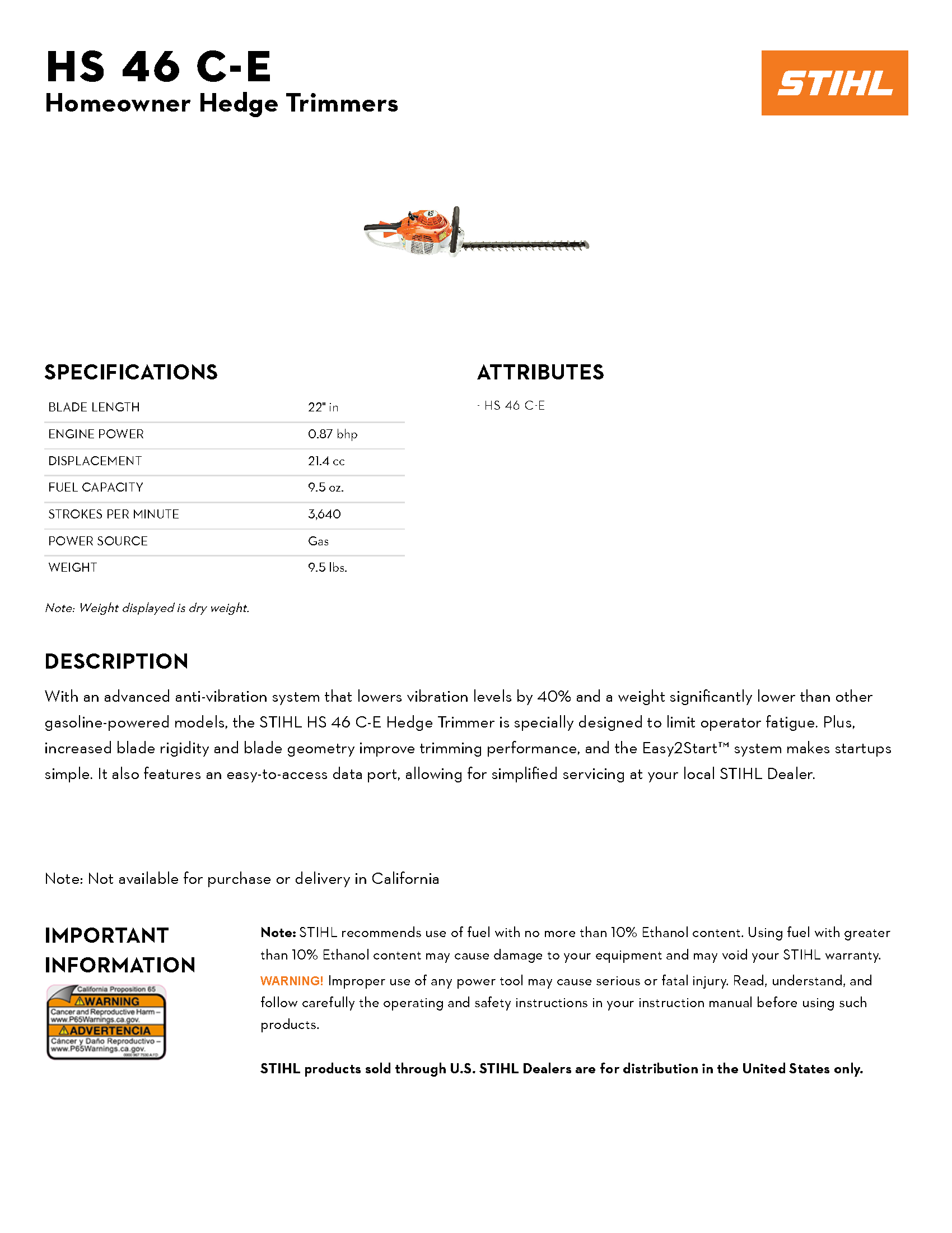 STIHL 22\" HS 46 HEDGE TRIMMER
