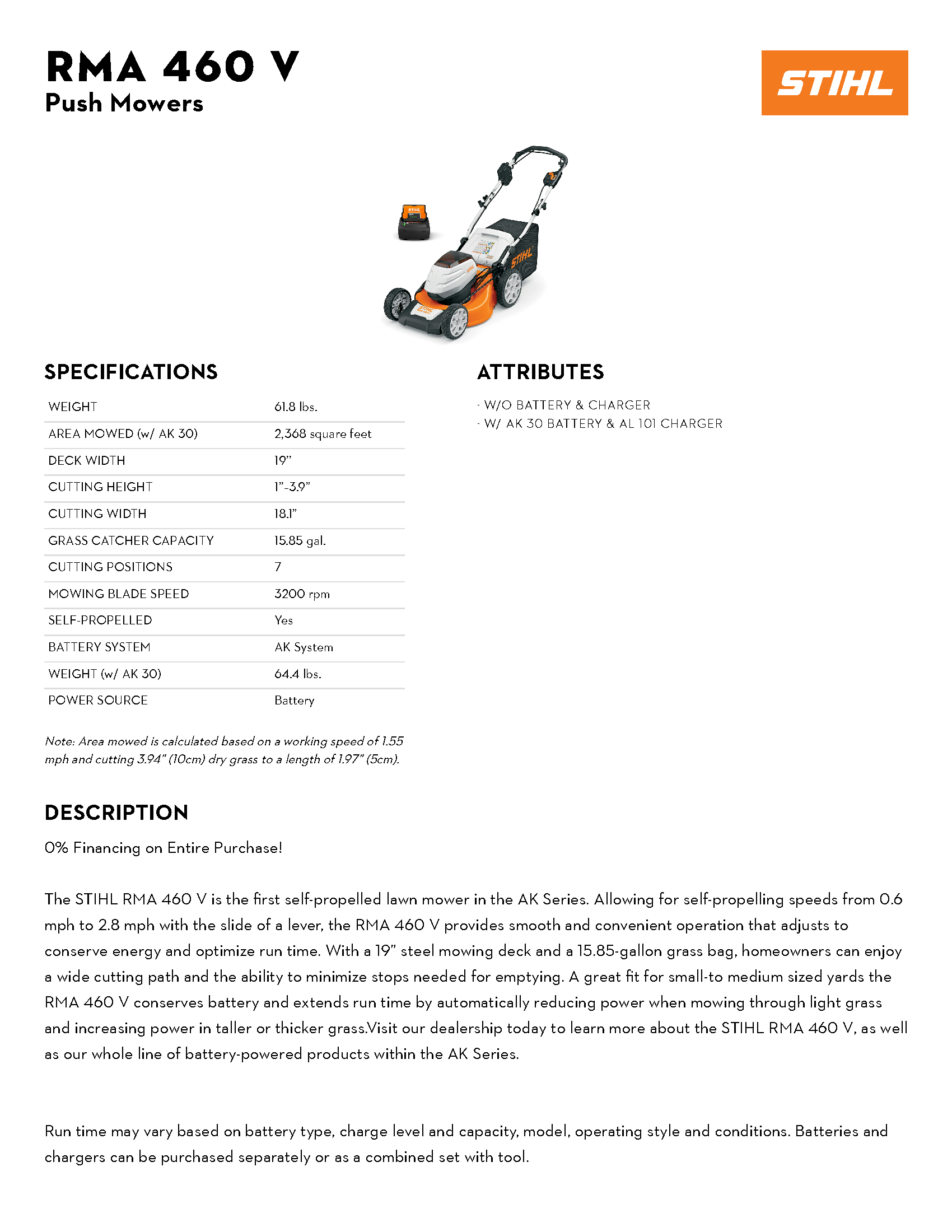 STIHL RMA 460V LITH-ION PUSH LAWN MOWER