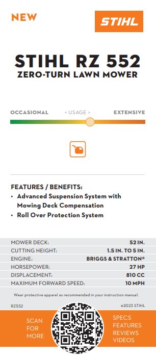 STIHL 52\" RZ 552 ZERO-TURN MOWER - 27HP BRIGGS & STRATTON ENGINE
