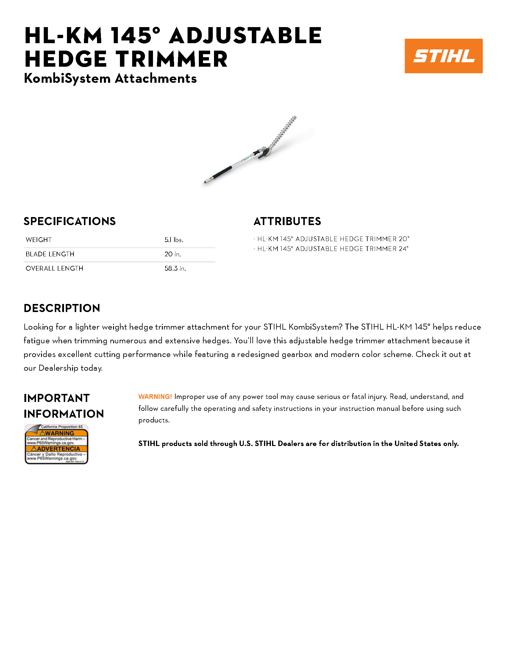 STIHL HL-KM ADJUSTABLE HEDGE TRIMMER KOMBI ATTACHMENT