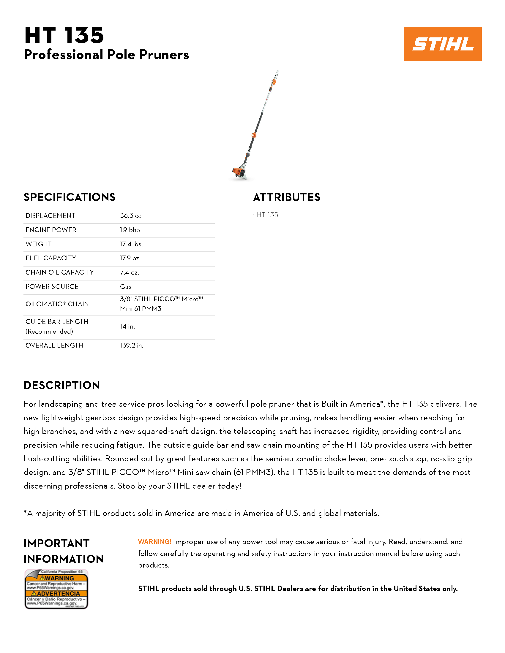 STIHL HT 135 POLE PRUNER