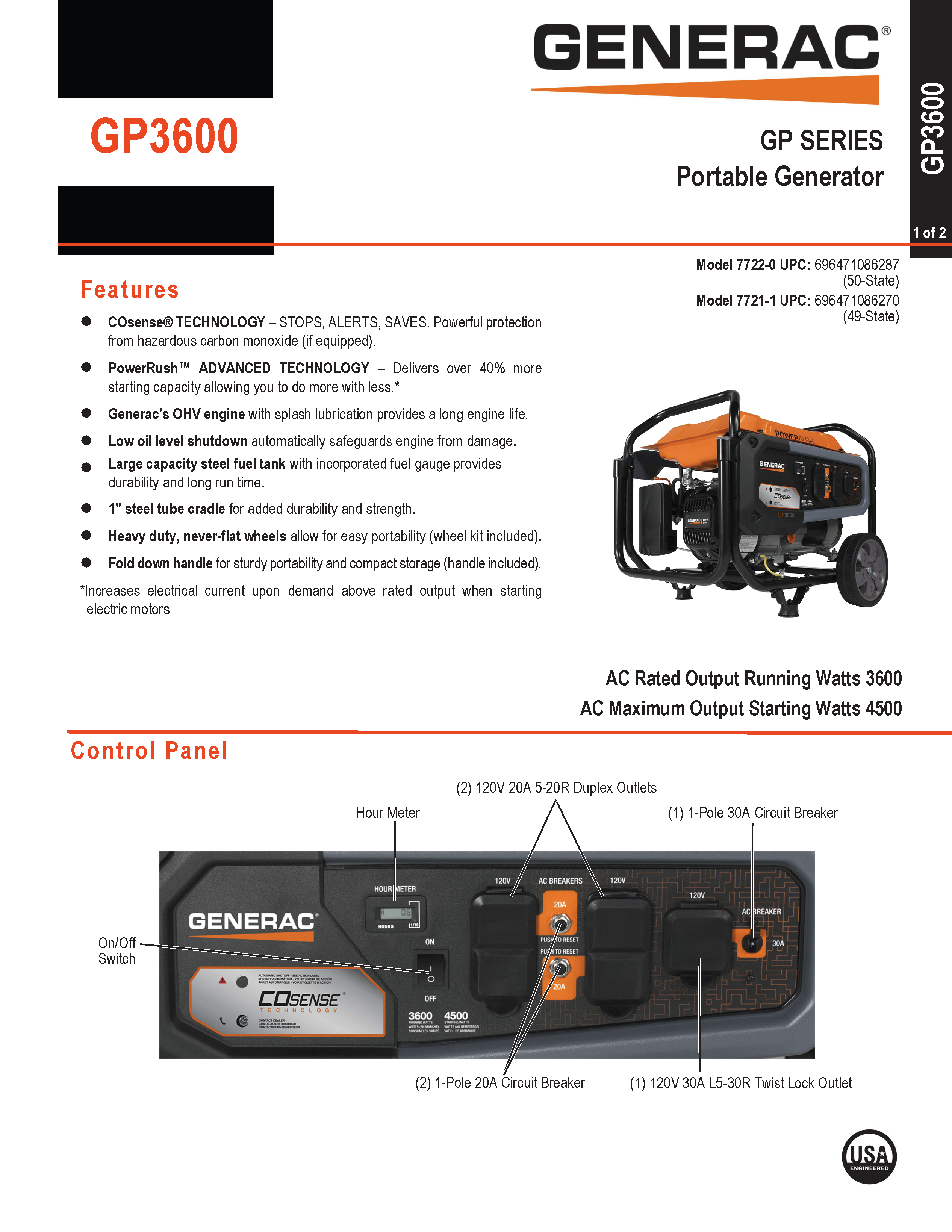 GENERAC 3,600 WATT PORTABLE GAS GENERATOR