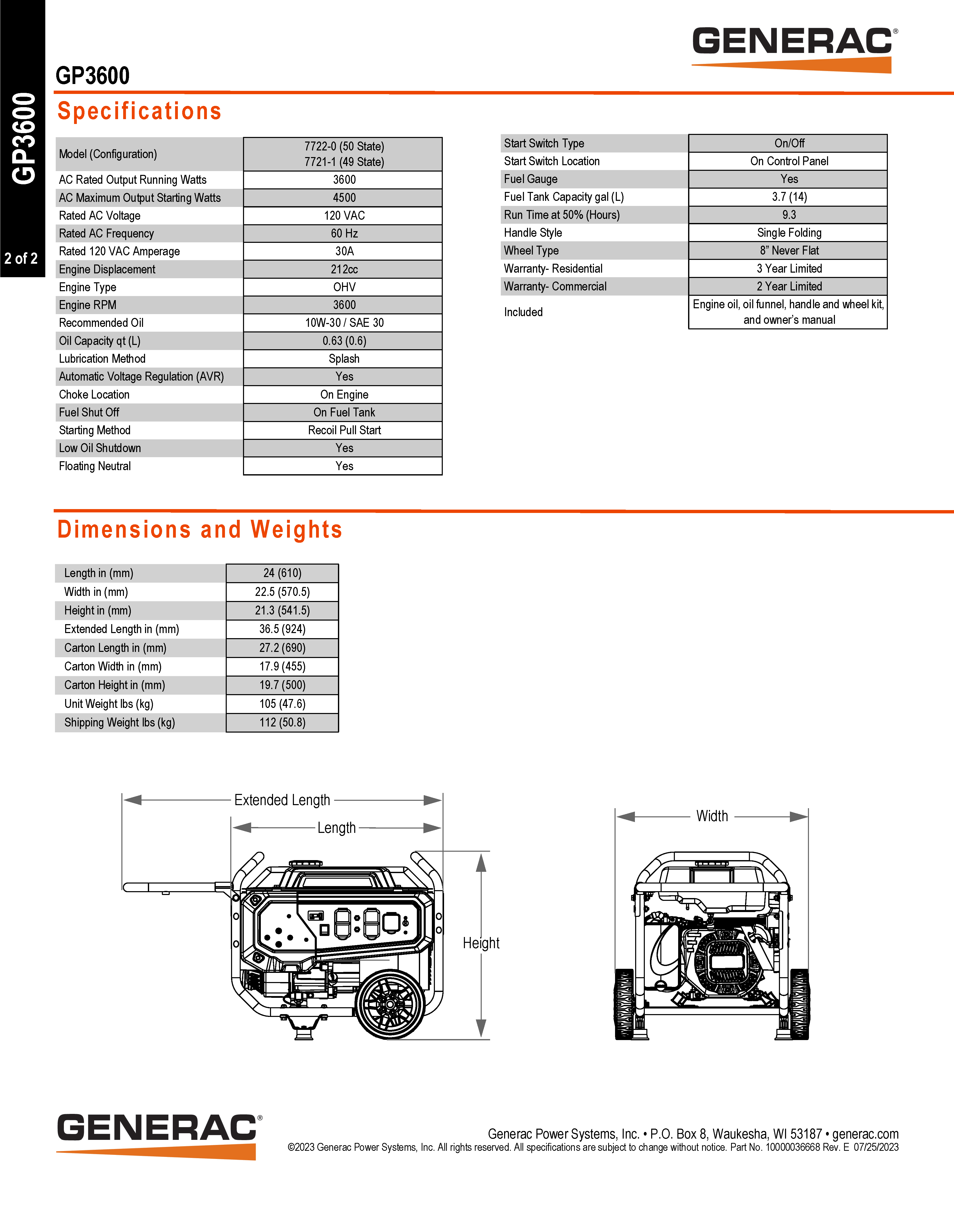 GENERAC 3,600 WATT PORTABLE GAS GENERATOR