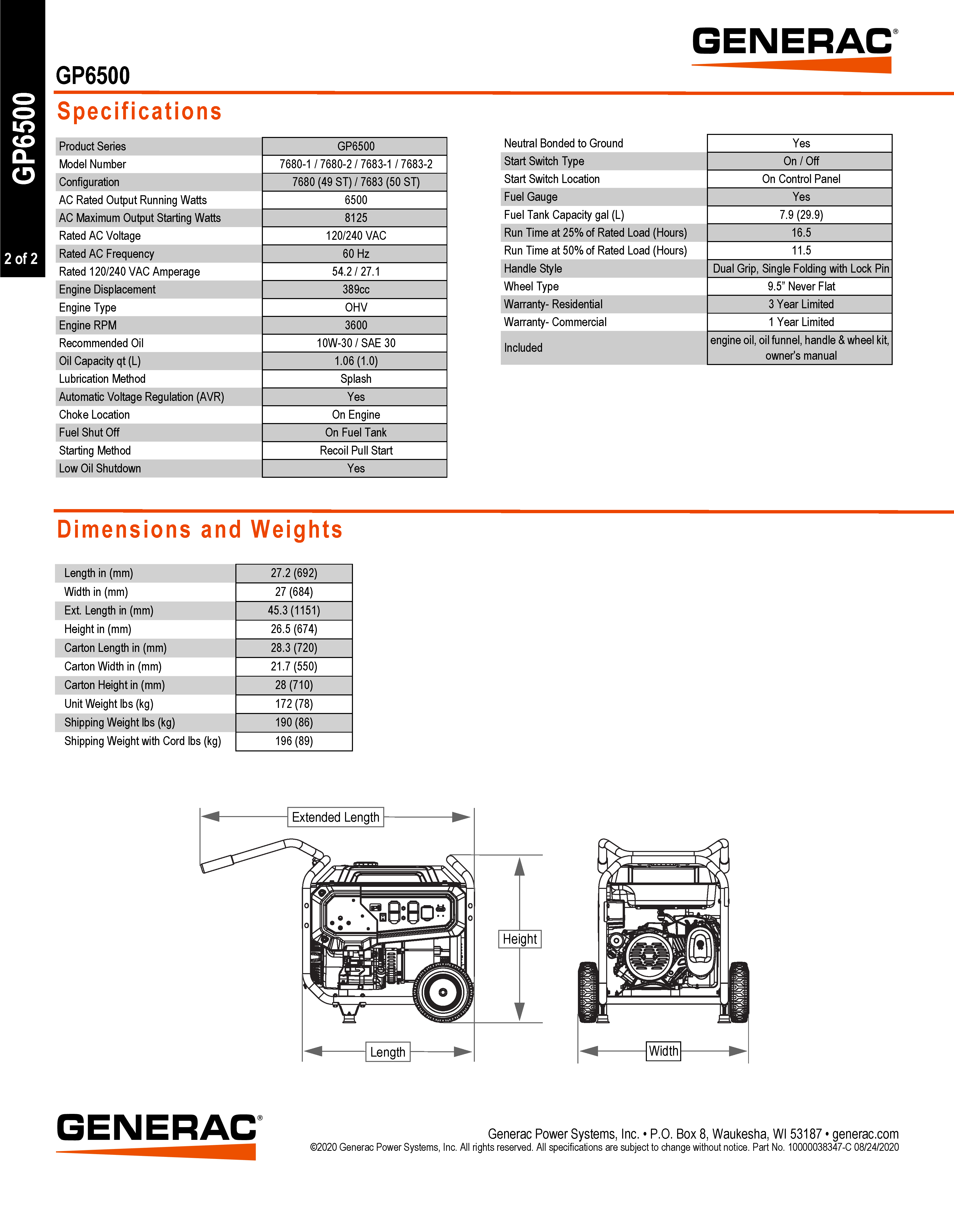 GENERAC 6500 WATT PORTABLE GENERATOR