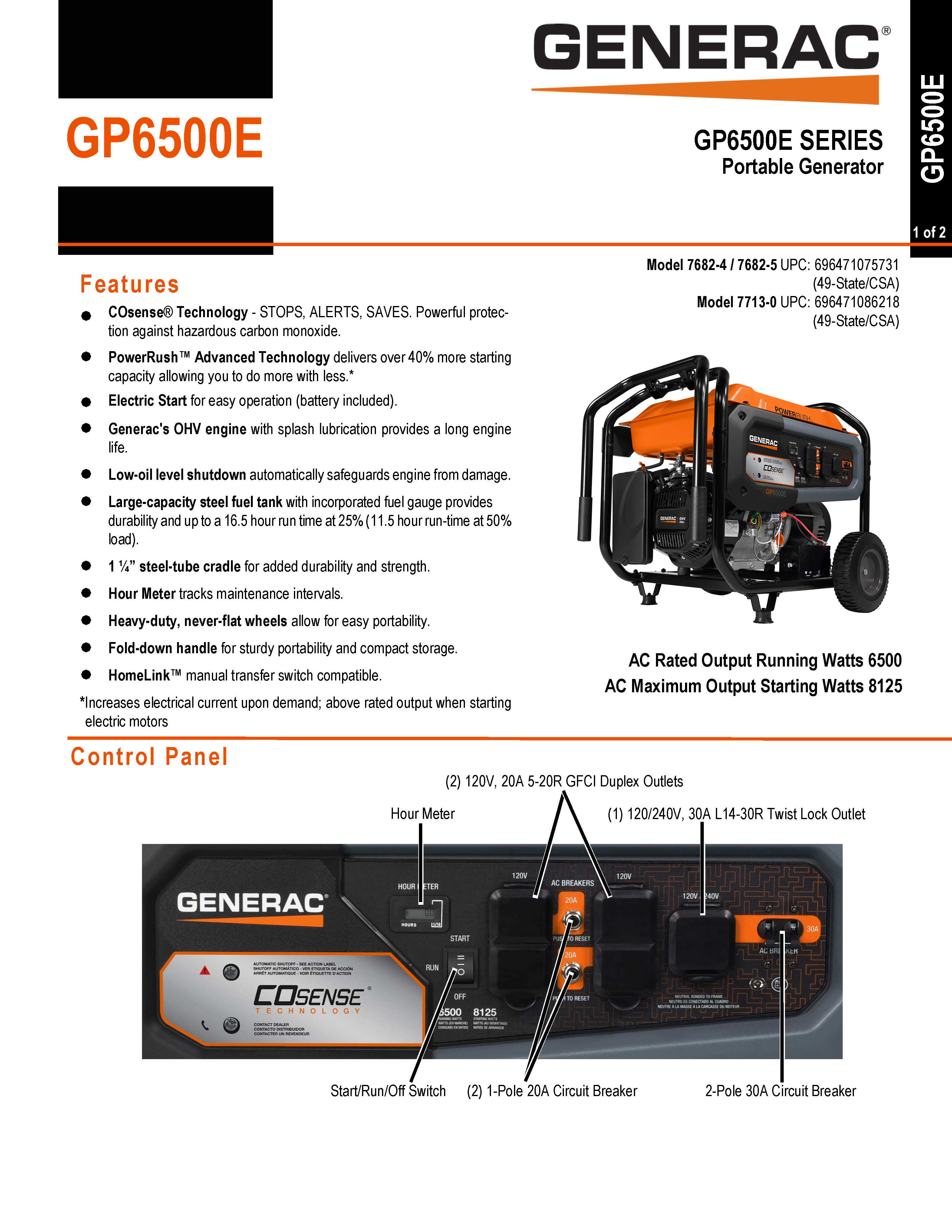 GENERAC 6500 WATT PORTABLE GENERATOR