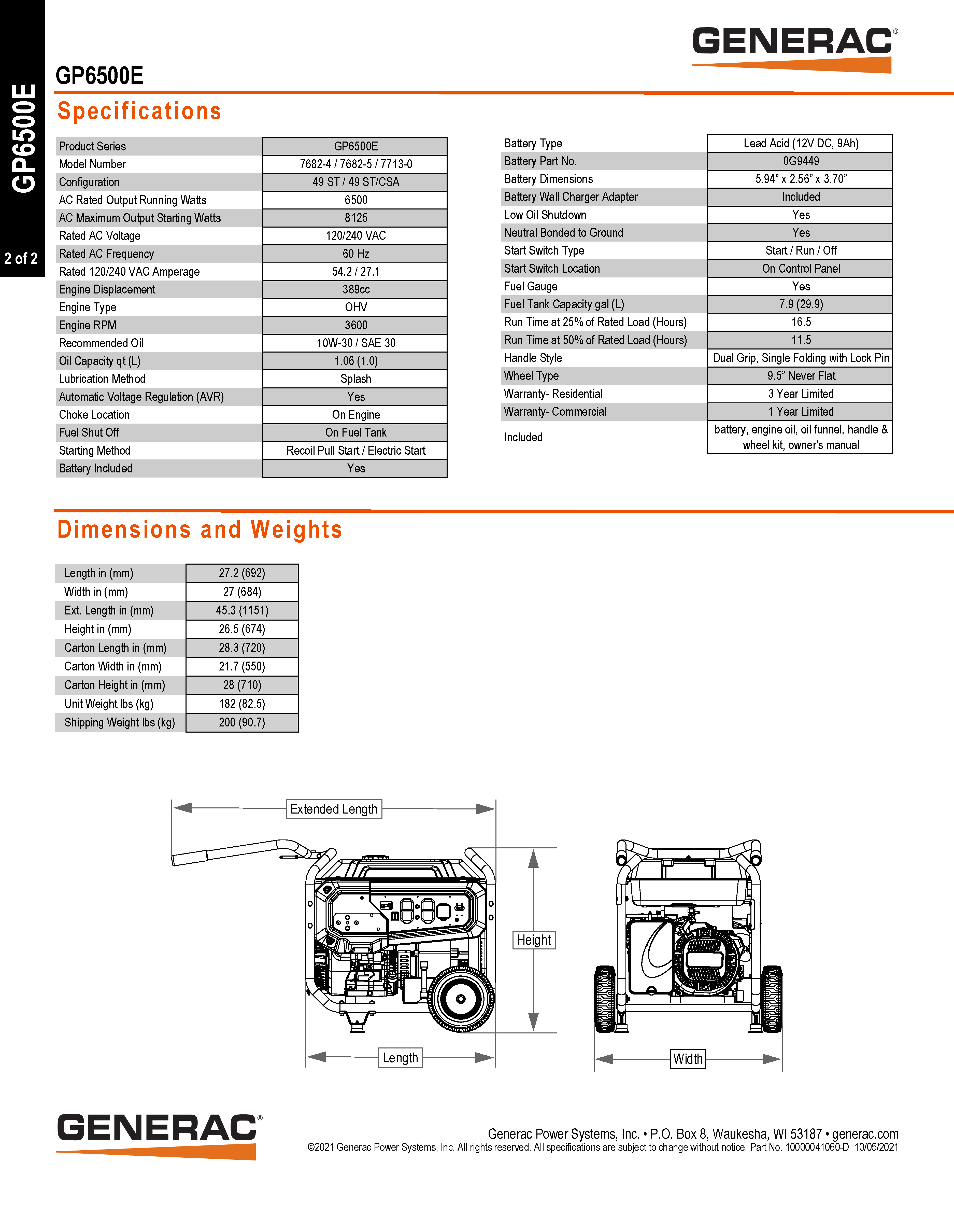 GENERAC 6500 WATT PORTABLE GENERATOR