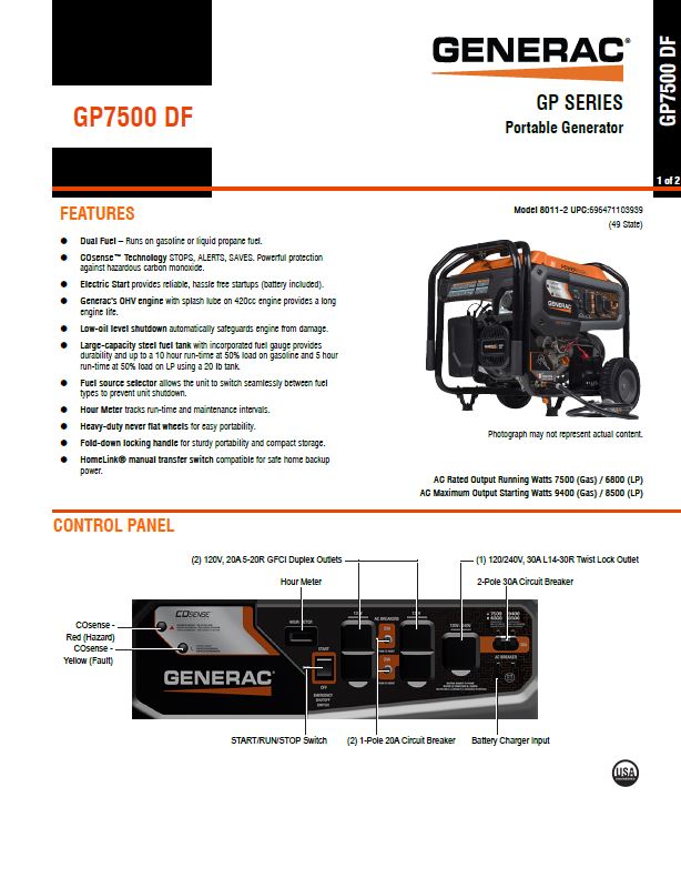 GENERAC 7500 WATT PORTABLE GENERATOR