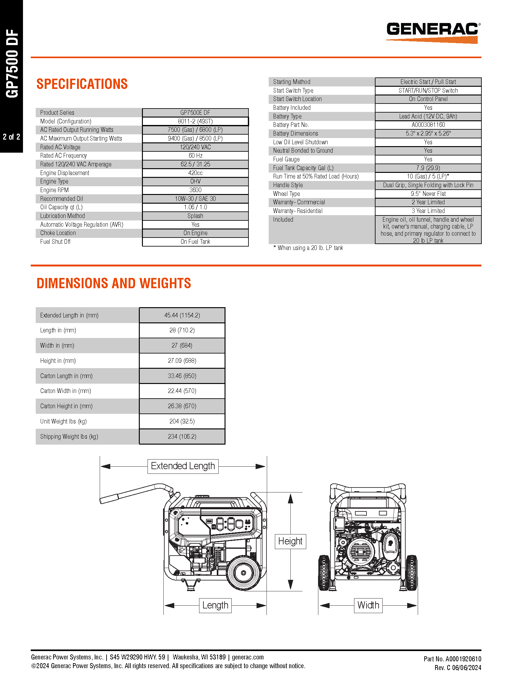 GENERAC 7500 WATT PORTABLE GENERATOR