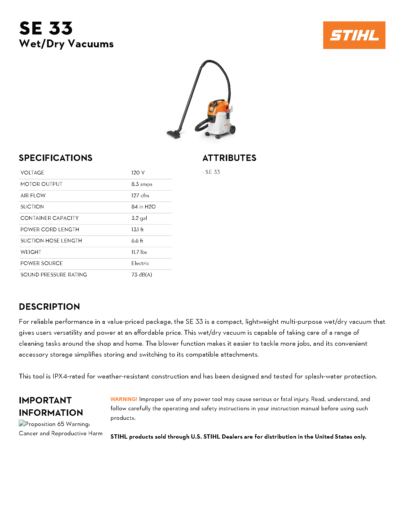 STIHL SE 33 WET/DRY VACUUM
