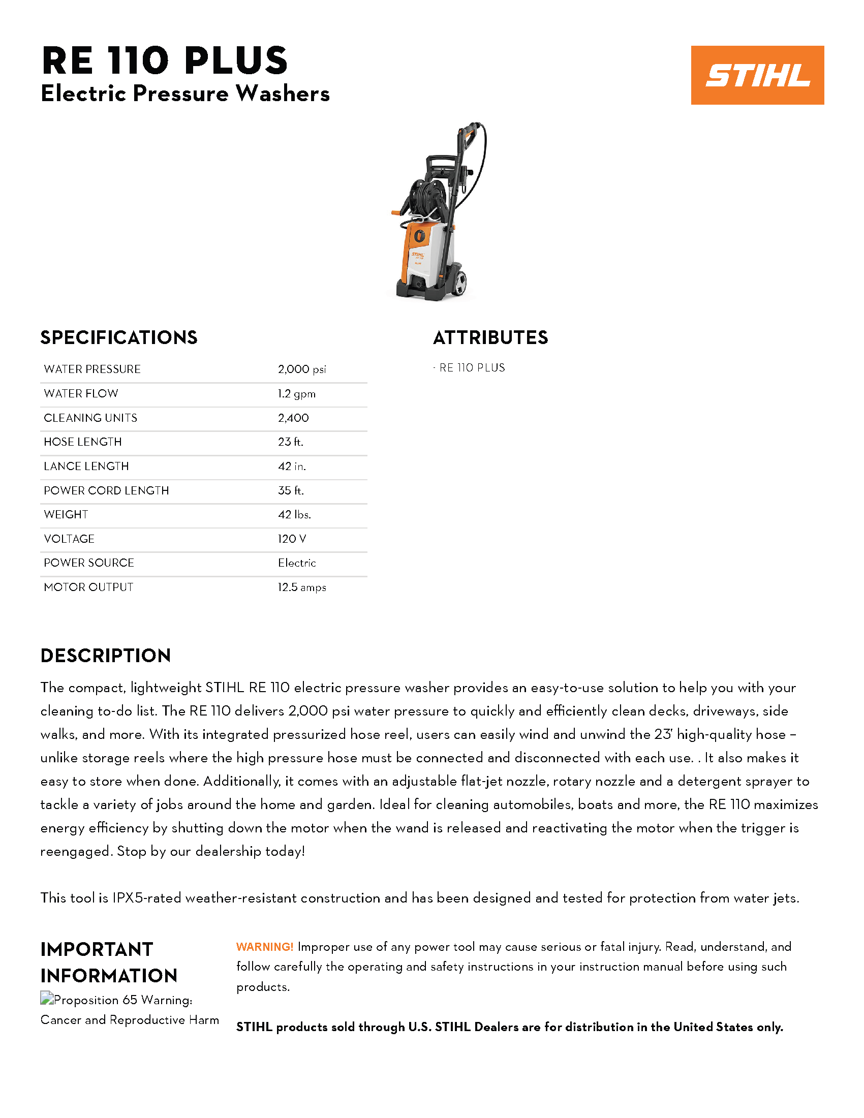 STIHL RE 110 PLUS ELECTRIC PRESSURE WASHER