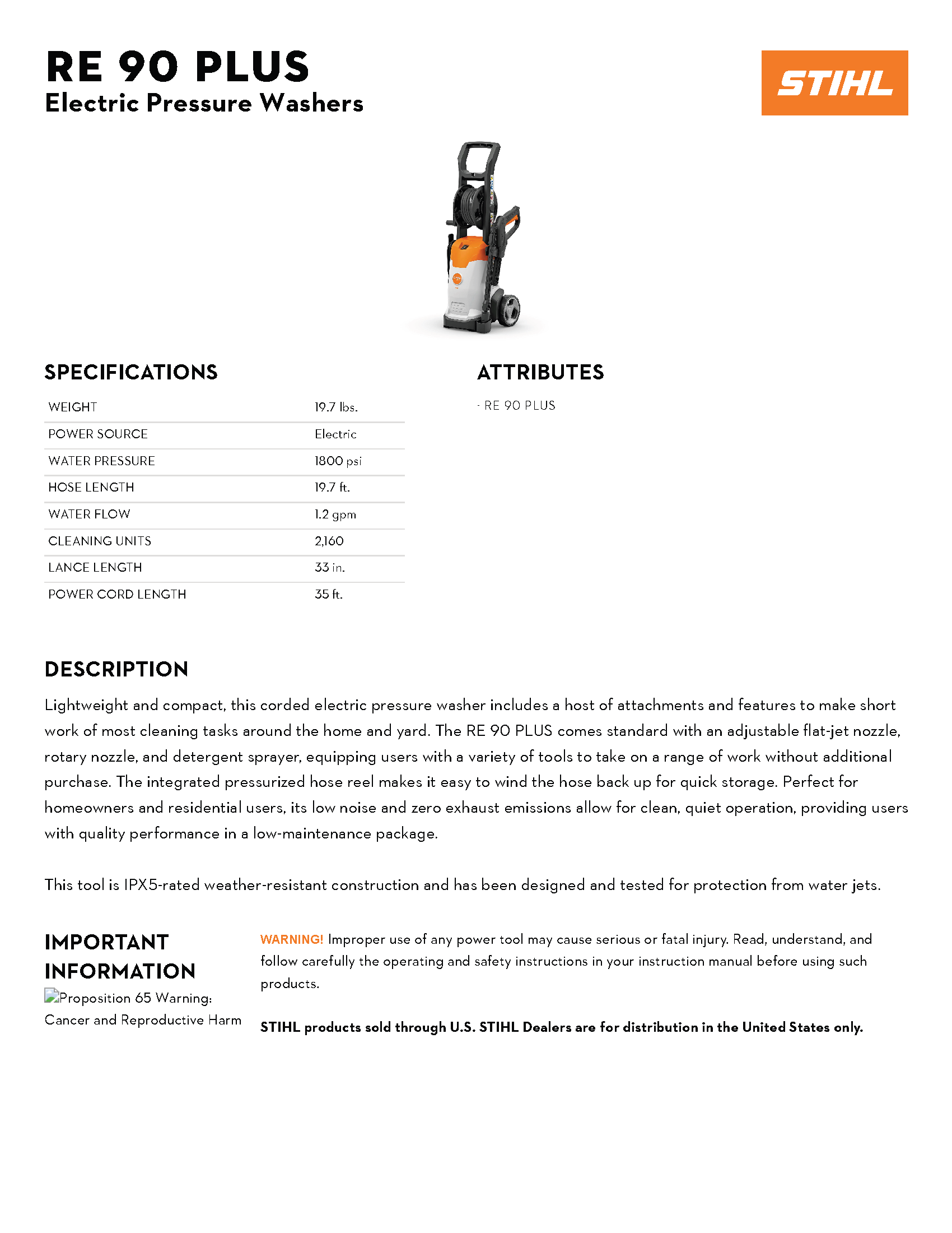 STIHL RE 90 ELECTRIC PRESSURE WASHER