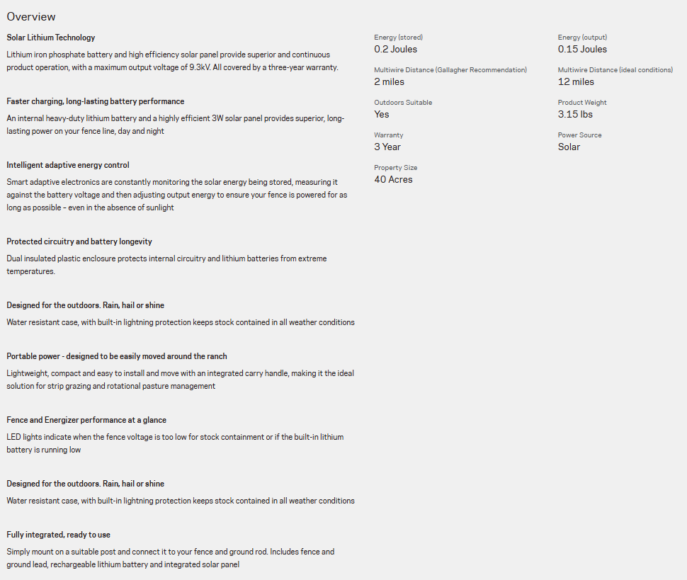 GALLAGHER CHARGER SOLAR S20 LITH