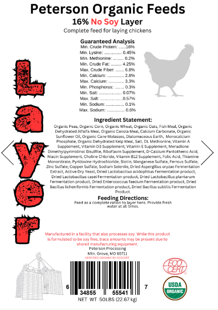PETERSON ORGANIC 16% NO SOY/NO CORN LAYER FEED