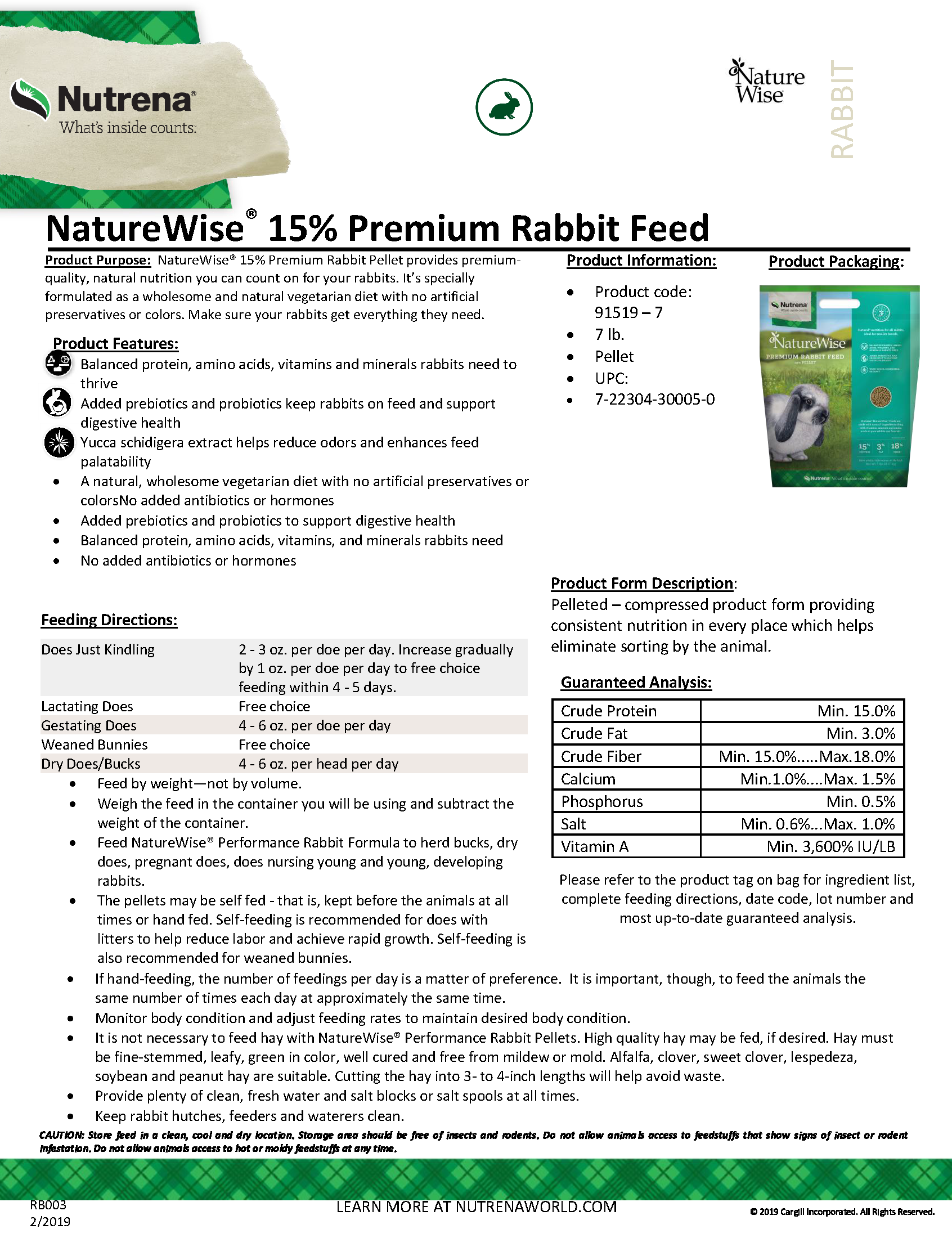 NATUREWISE 15% RABBIT FEED - 7#
