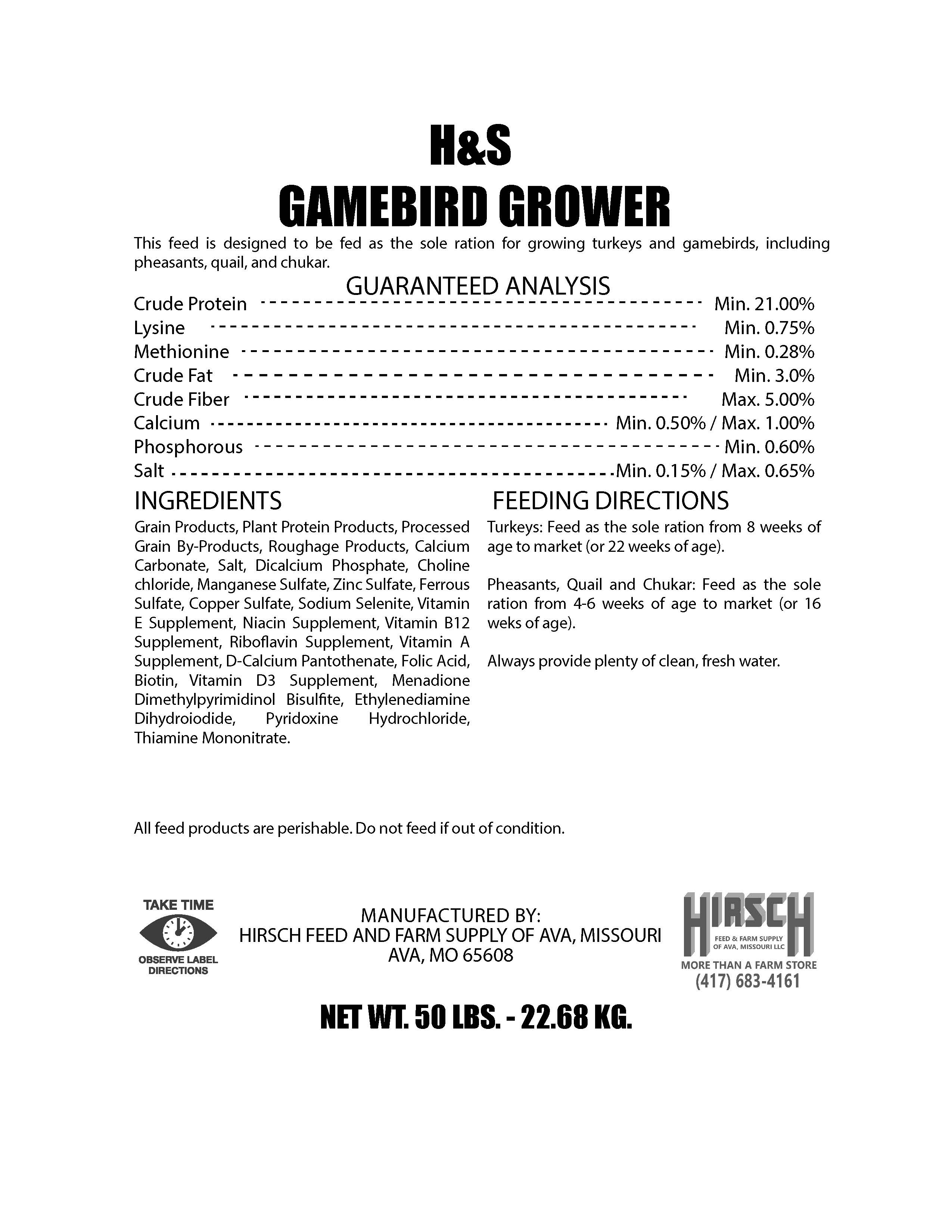 H & S GAME BIRD GROWER