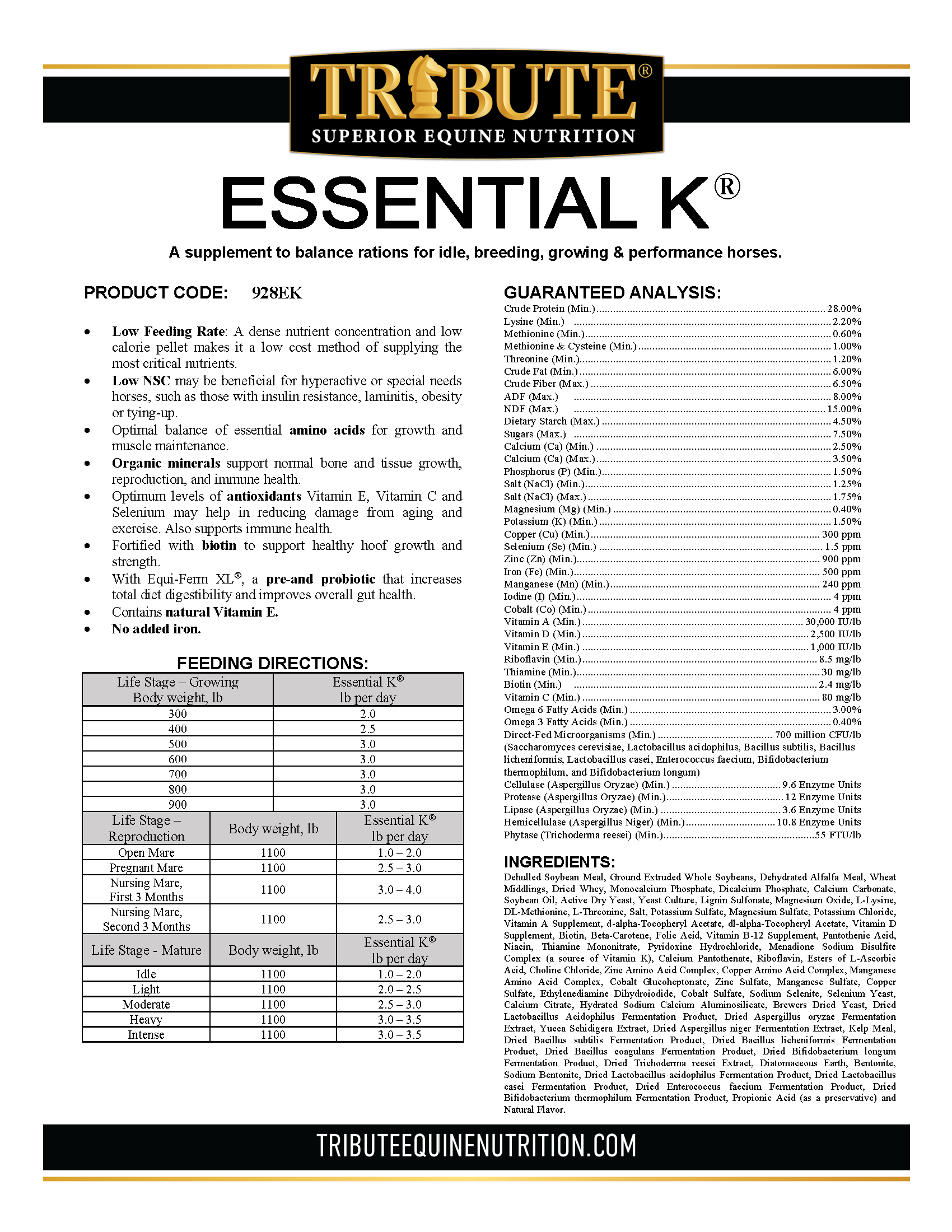 TRIBUTE ESSENTIAL K PELLETS - 50#