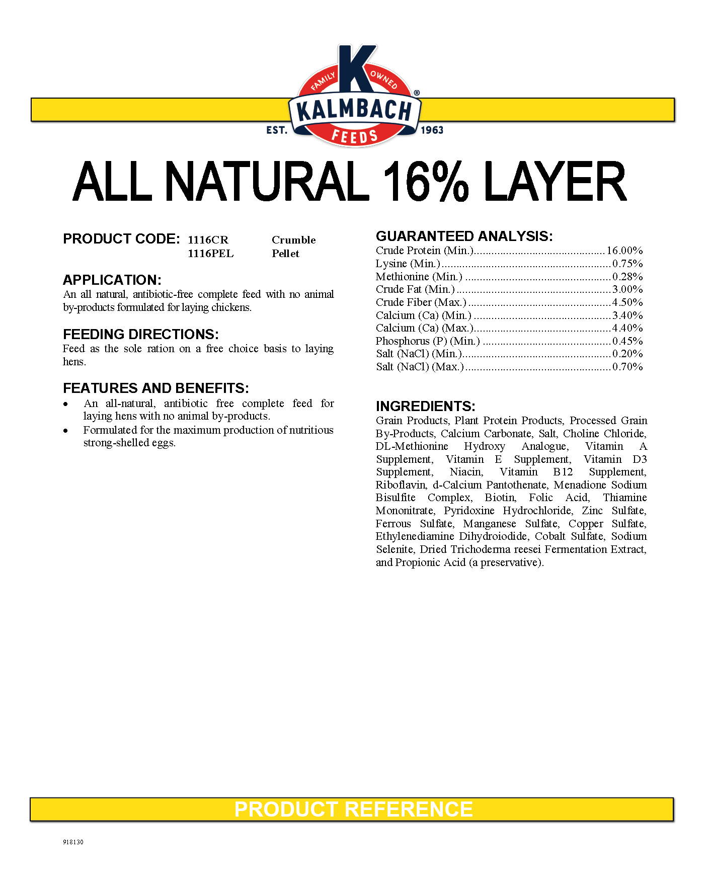 KALMBACH 16% ALL NATURAL LAYER CRUMBLE FEED - 50#