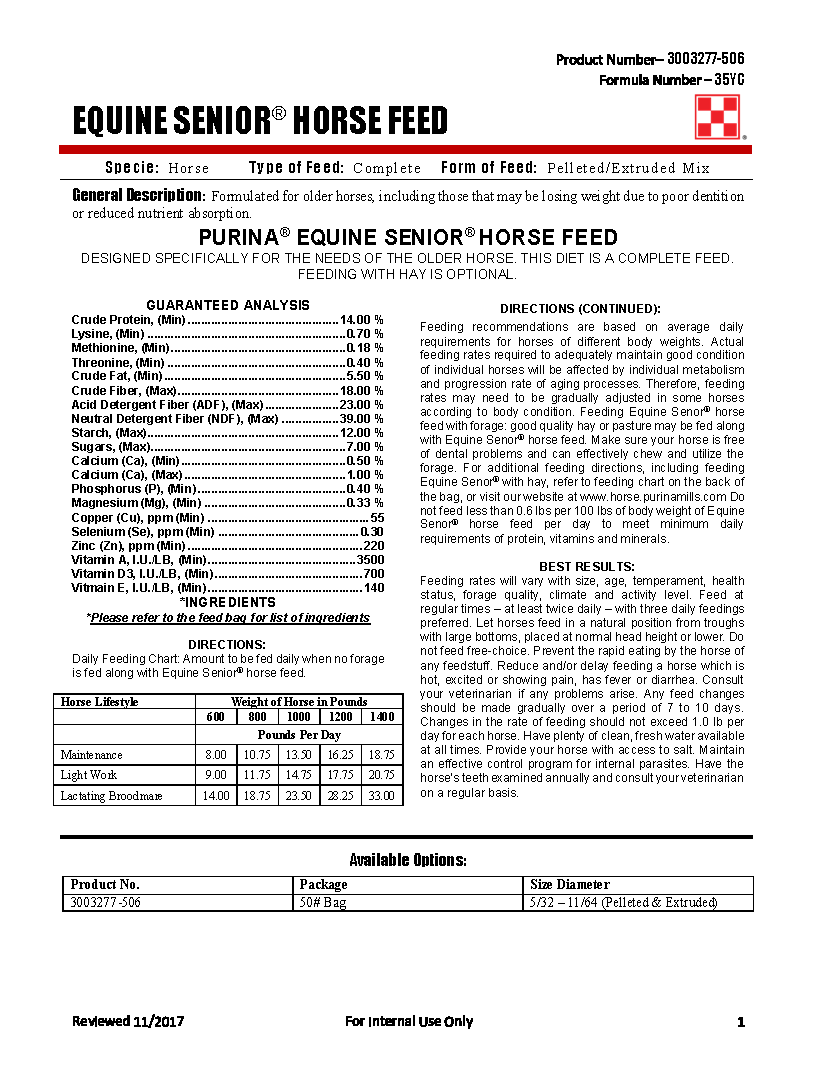 PURINA EQUINE SENIOR TEXTURED FEED - 50#