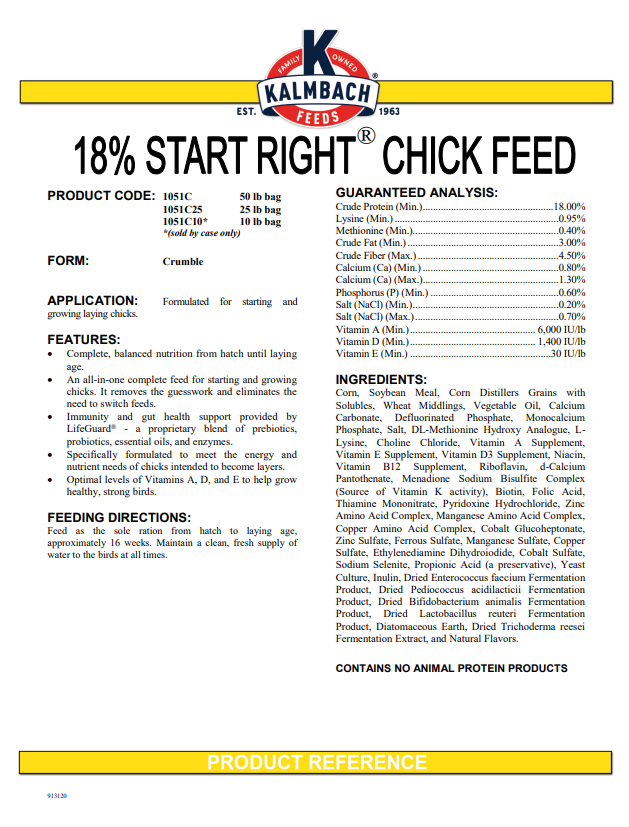 KALMBACH 18% START RIGHT CHICK FEED - 50#