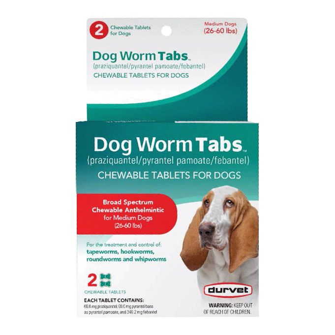 DURVET DOG WORM TABS FOR DOGS 26-60LB 2PK